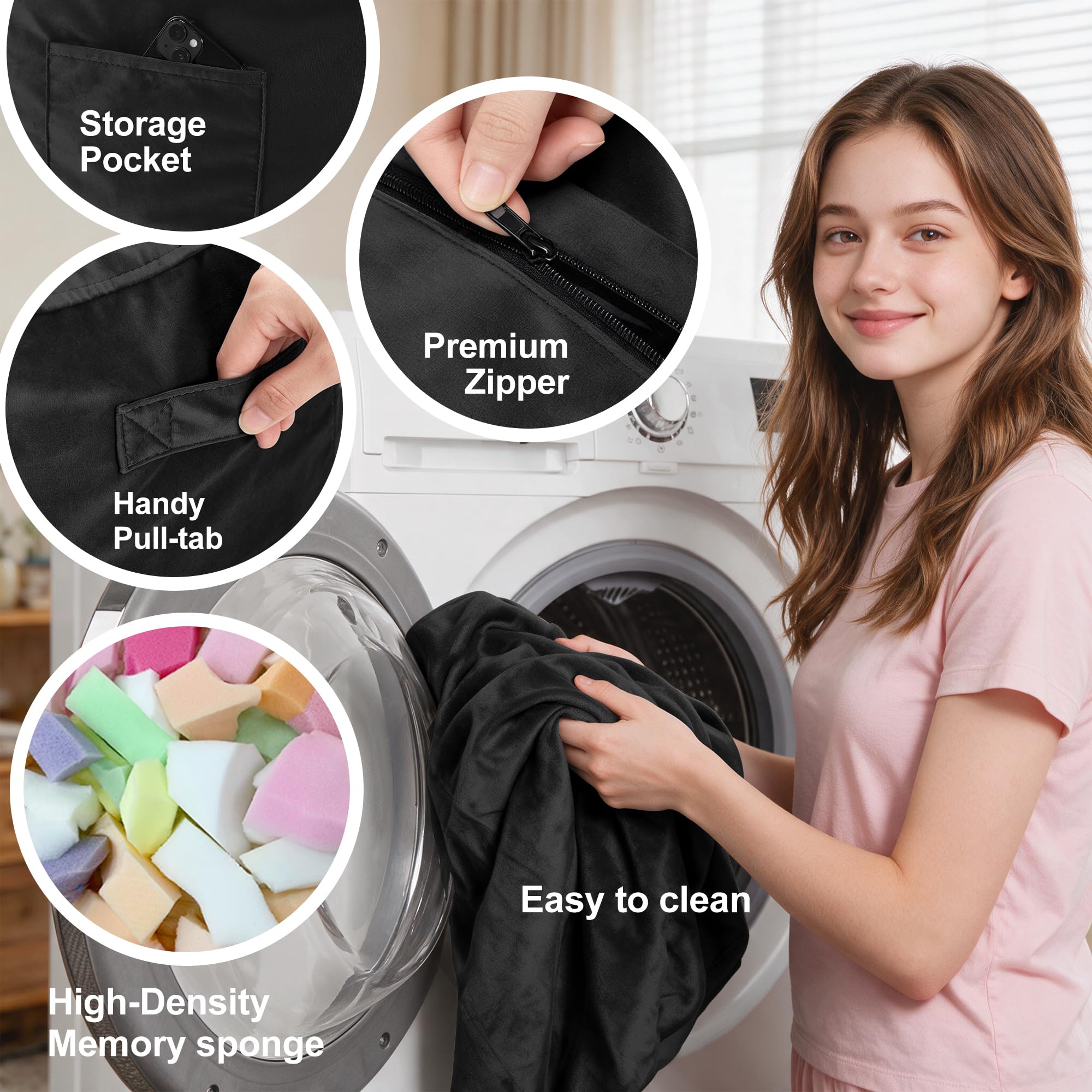 Homguava Puf gigante de 5 pies con relleno de espuma viscoelástica, cómodo puf para adultos, con funda de terciopelo holandés para sala de estar, dormitorio, color negro