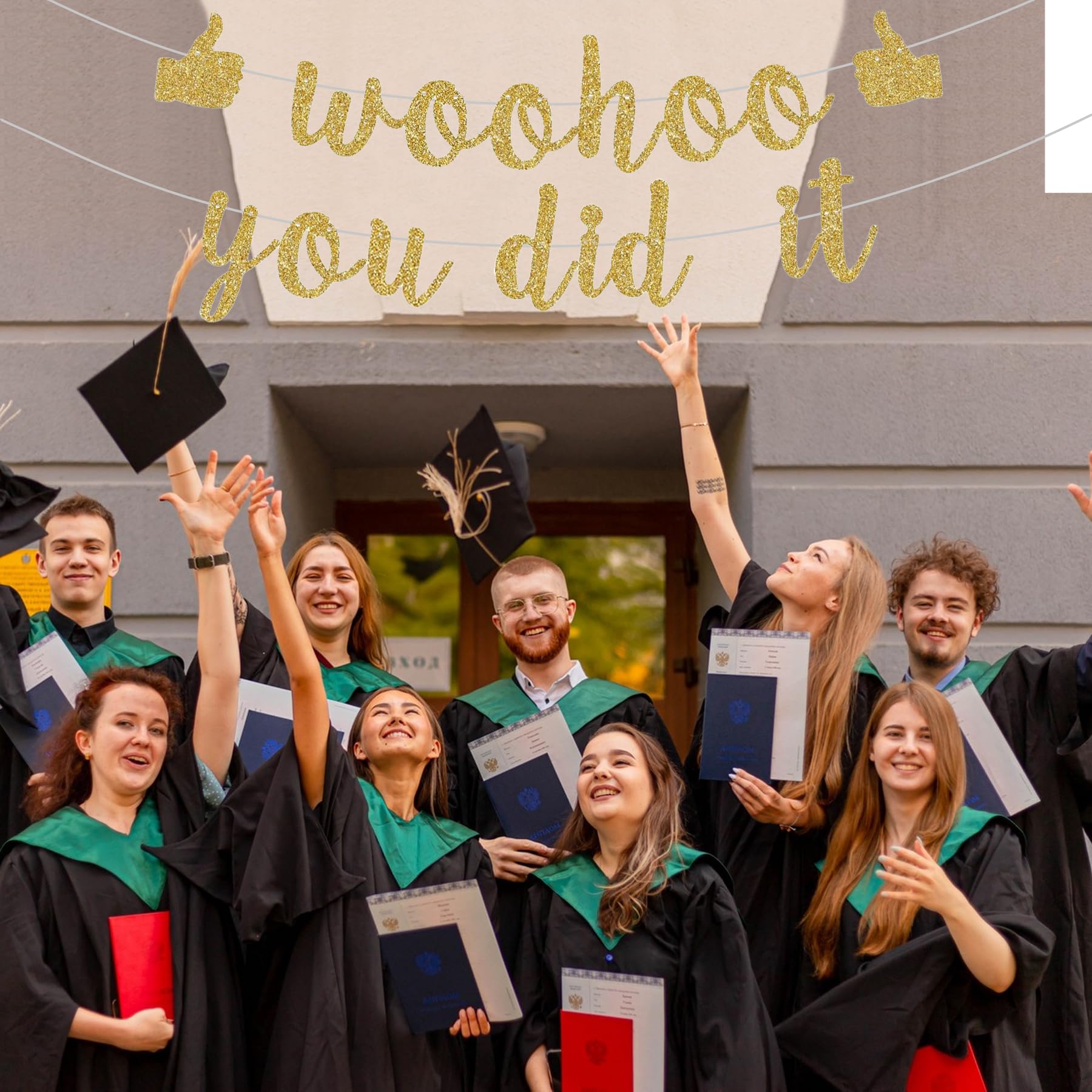 Umimiss Woohoo You Did It Graduation Party Decorations, Gold Glitter Congratulations & Well Done Banners - Image 2