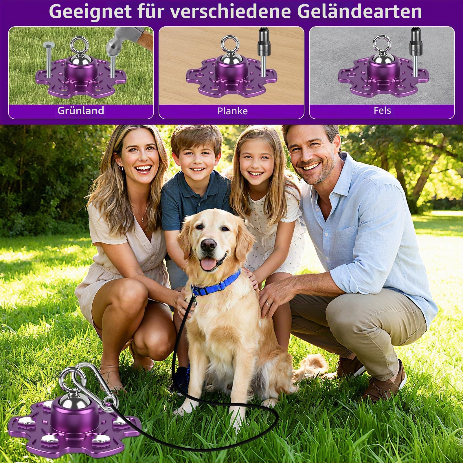 Hundepfahl, 360° drehbar, kein Verheddern, robuster Gartenpfahl mit Schraubankern, 81,6 kg Zugkraft