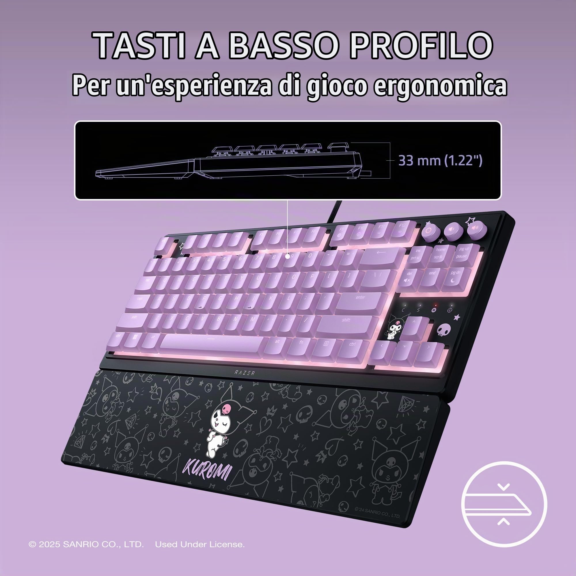 Razer Ornata V3 TKL: tasti discreti, interruttori a membrana meccanica, tasti rivestiti con UV, tasti multimediali retroilluminati, illuminazione RGB a 8 zone, poggiapolsi