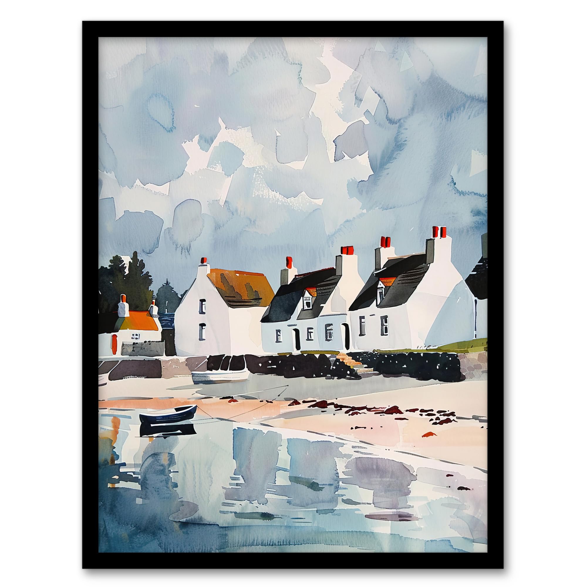 Artery8 Isle Jura Fisherman Seaside Cottages Watercolour Framed Art Print - Blue - A4