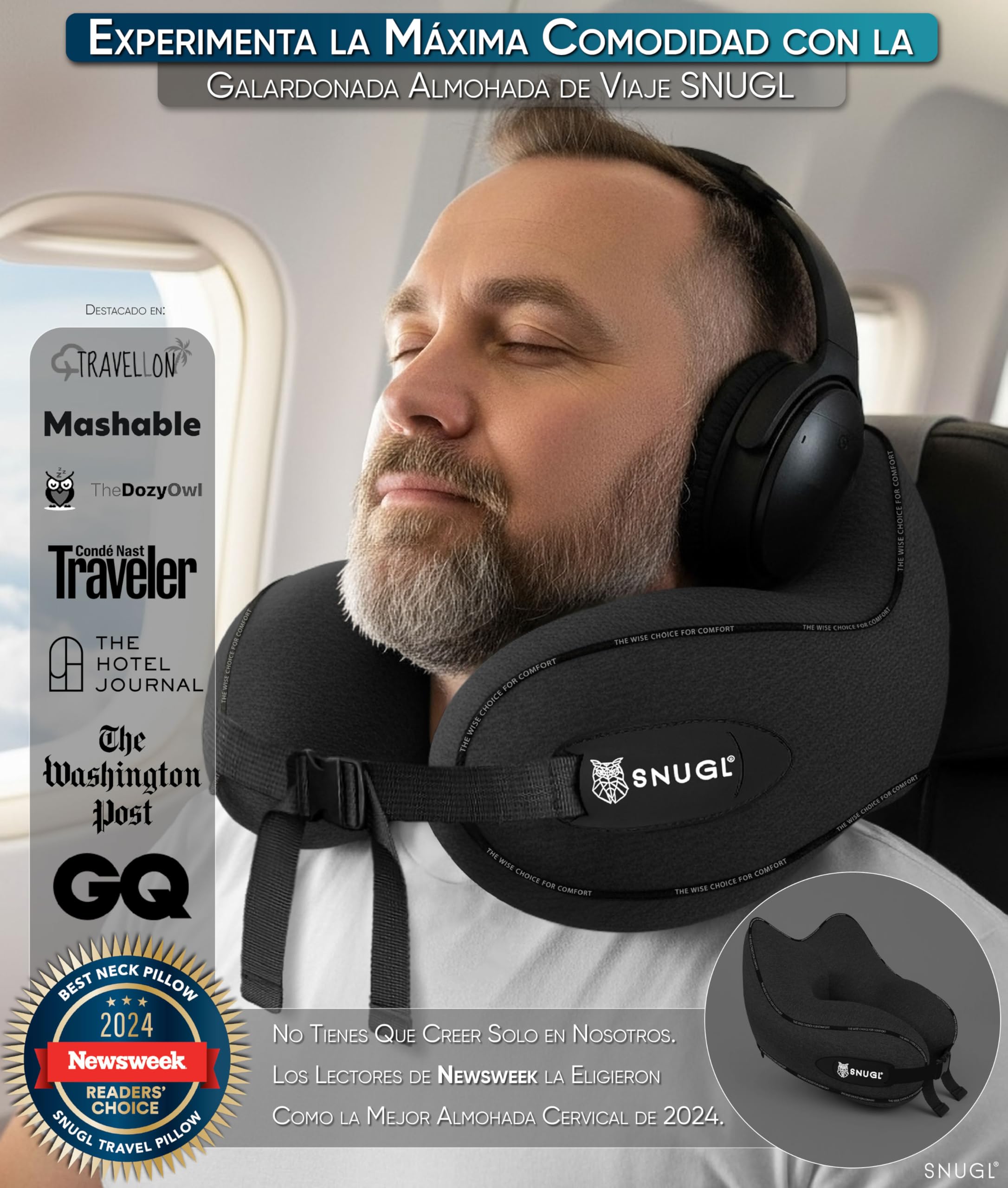 SNUGL Almohada de Viaje Ergonómica – Cojín Cuello Viaje de Espuma Viscoelástica | Almohada Cervical con Bolsa de Transporte para Coche y Avión | (Negro - Adulto Pequeño)