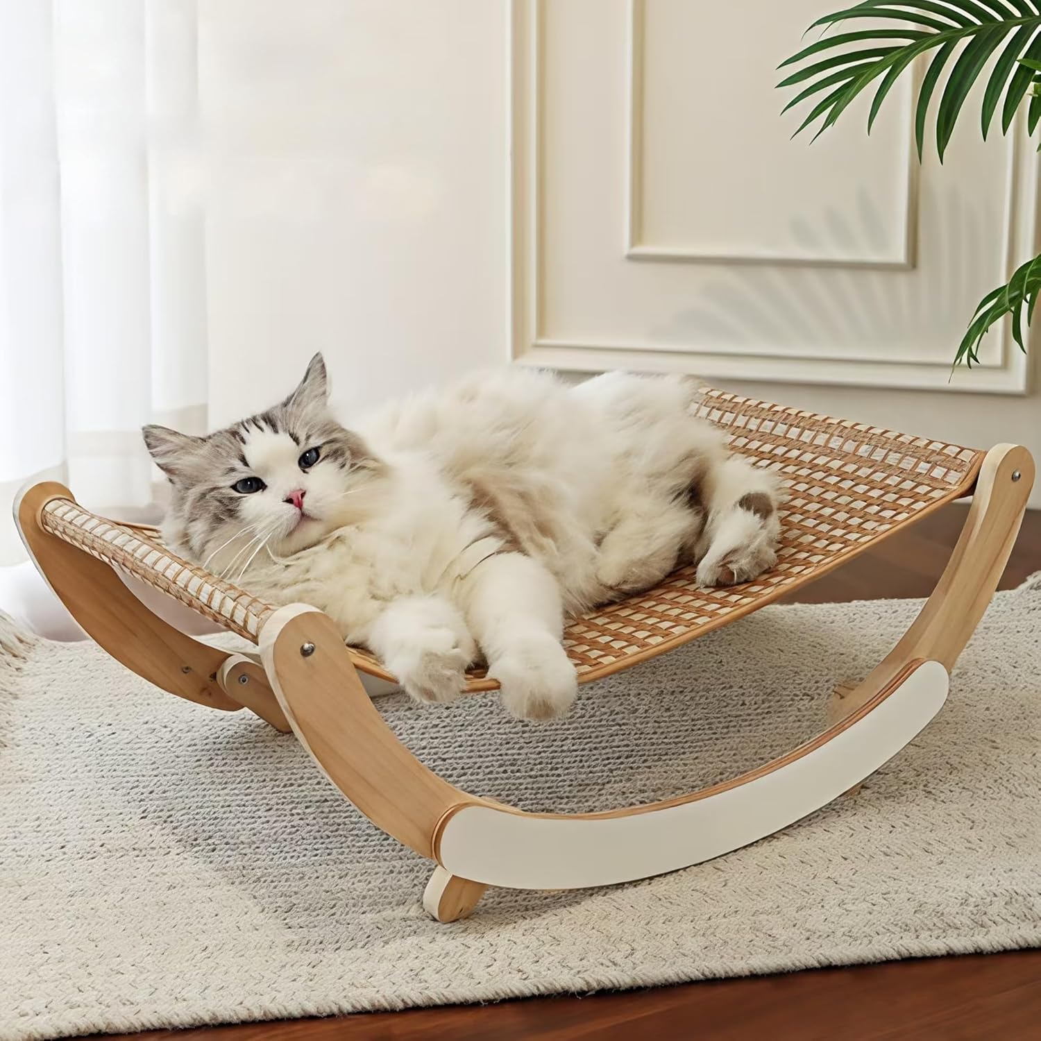 Multi-Functional Wooden Cat Hammock Bed with Breathable Cooling Rattan Mat, Swing or Fixed Design, for Small Pets up to 22 lbs