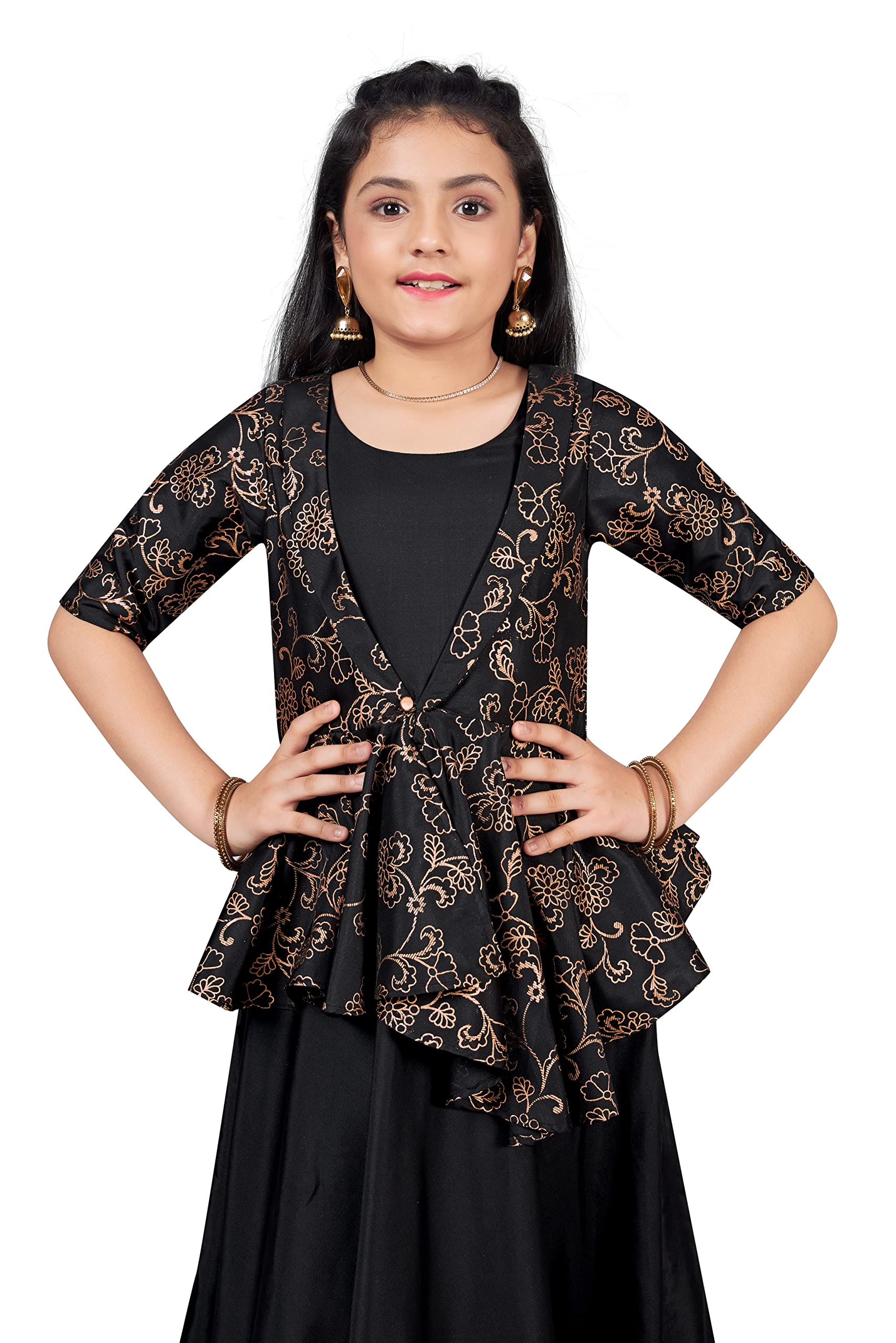 Fashion Dream Girls Black Solid Maxi Dress with Attached Foil Printed Asymmetric Shrug(Black_13-14 Year) - Image 3 thumbnail