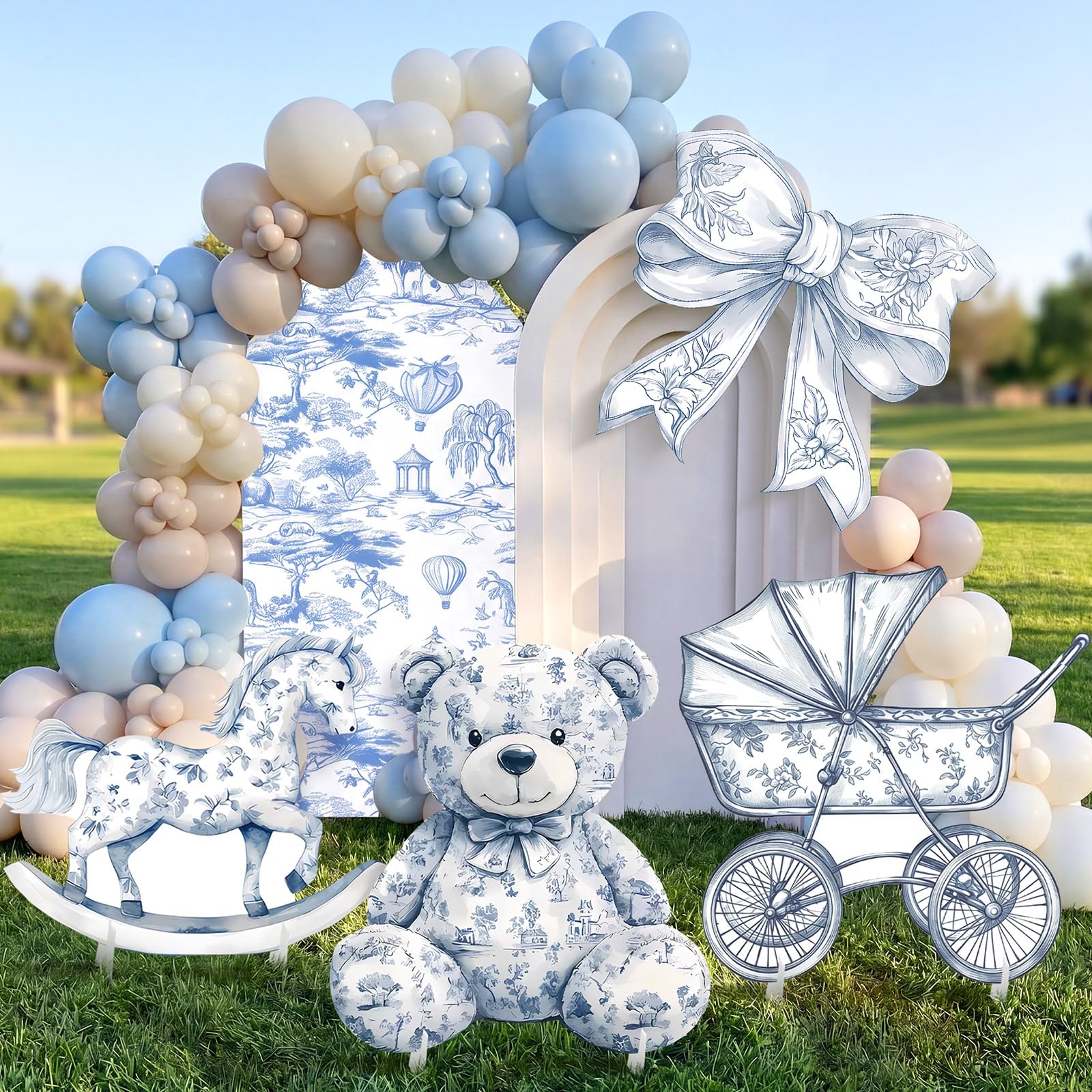 4 Pcs Blue Toile De Jouy Cardboard Cutout Standup Life Size Baby Shower Decorations, Vintage Floral Cardboard Cutouts for Gender Reveal Birthday Party Photo Backdrop Favors