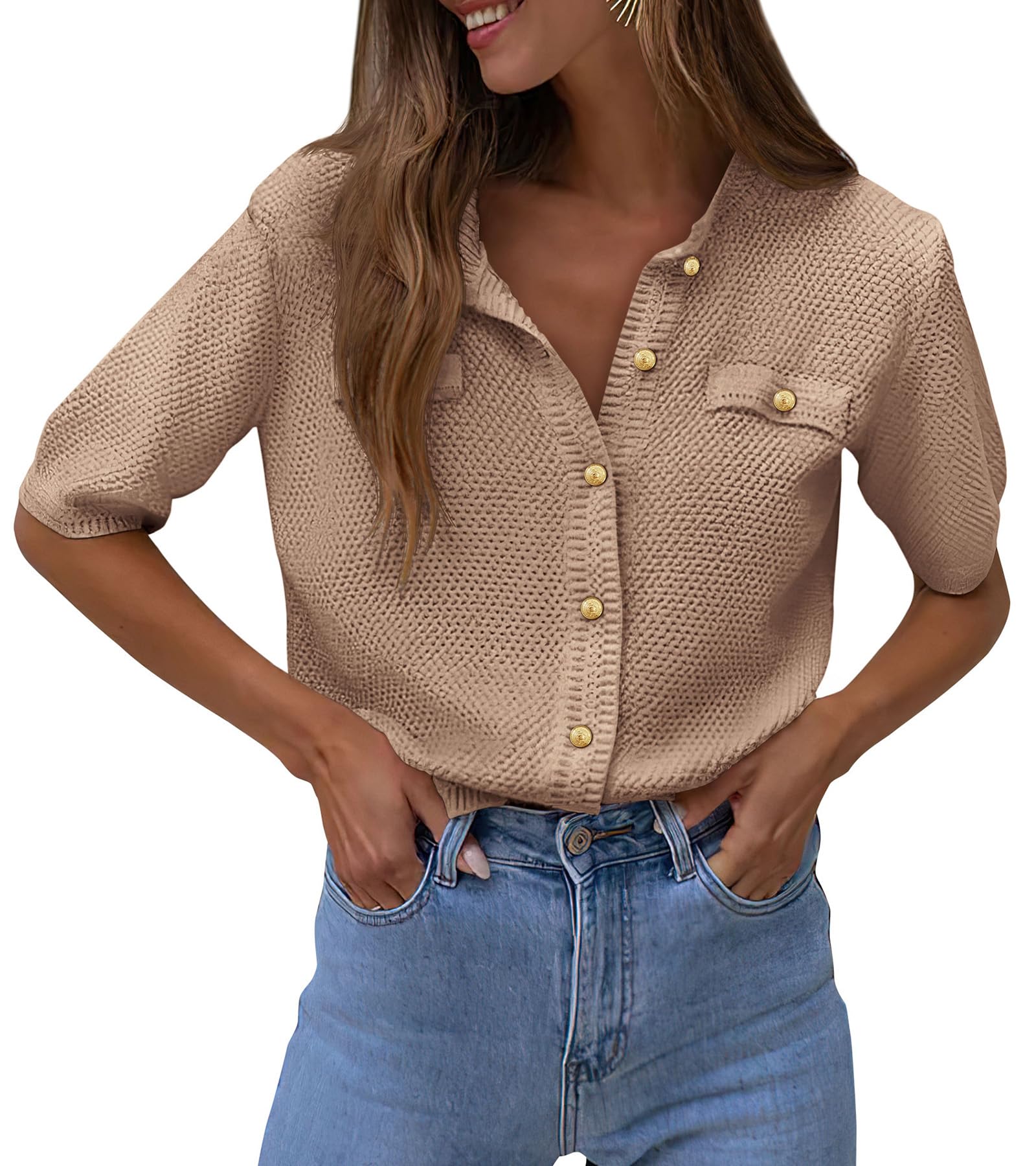 PRETTYGARDEN Womens Summer Button Down Shirts Casual Short Sleeve Crew Neck Ribbed Knit Blouse Top Cardigans