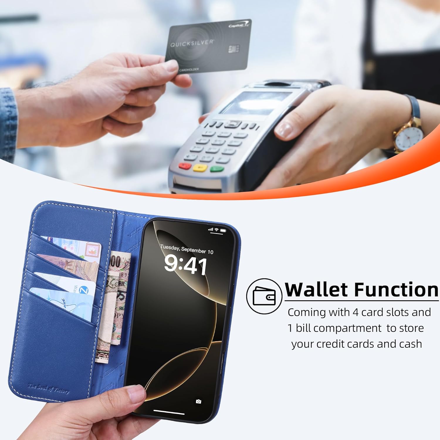 VISOUL Carbon Fiber Wallet Case for iPhone 17 Pro Max, Genuine Leather Magnetic Folio Case with RFID Blocking Card Slots, Kickstand, Soft TPU Shell, Protective Flip Cover 6.9”-Black+Blue - Image 8