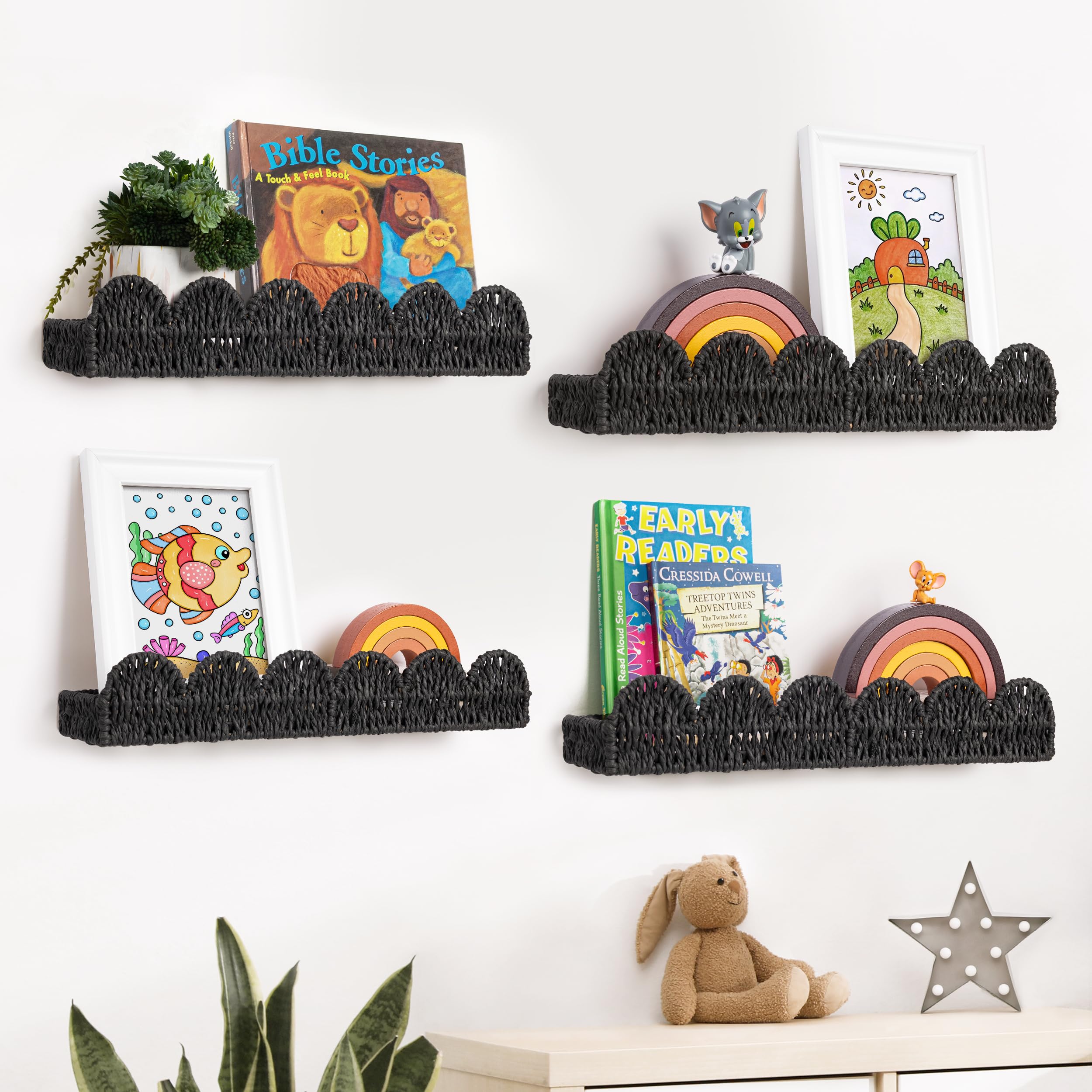 AELS Scalloped Nursery Bookshelf, Set of 4, Picture Ledge Shelf for Wall Decor, Woven Natural Fibre Floating Shelves for Books, Toys, Photo Frames, Nursery, Boho Modern Farmhouse Book Shelf, Black
