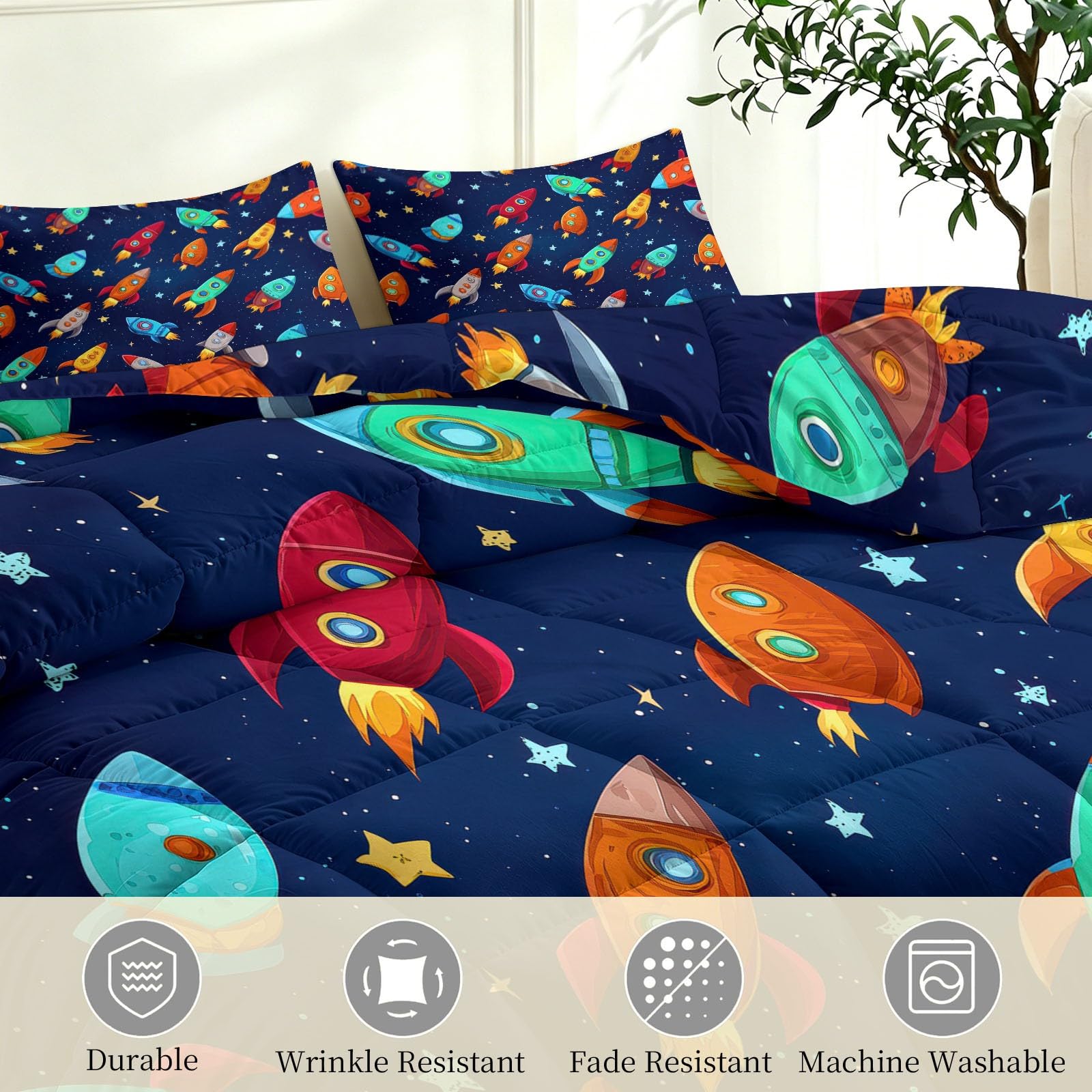 Edredón reversible suave sin funda de 135 x 200 cm, color azul, colorido, con dibujos animados, ligero y transpirable, diseño de nave espacial con estrellas, suave y ligero, lavable, para todo el año