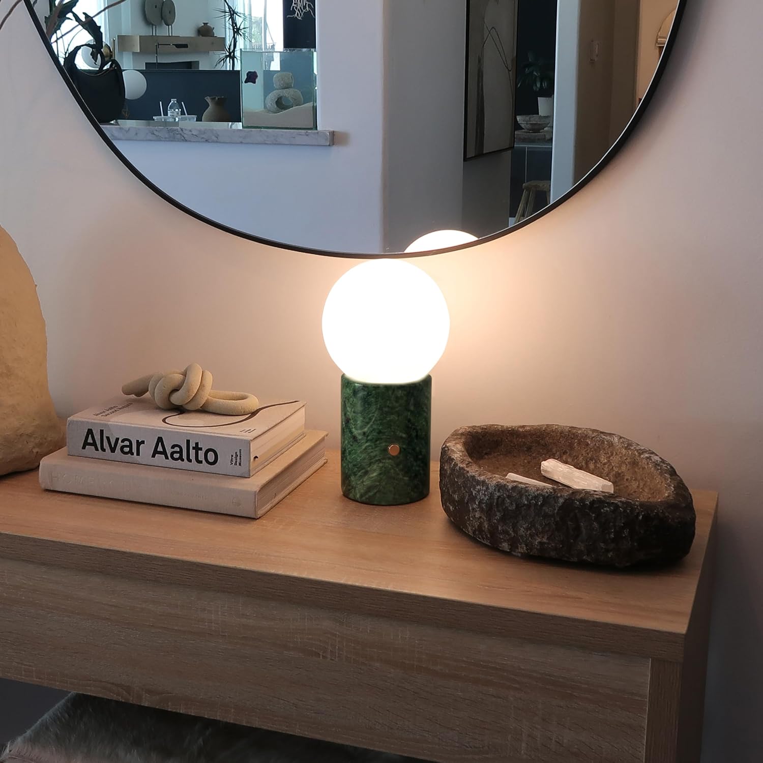 Brightech Kai LED Table Lamp - Bedside Reading Light with Unique Green Marble Base, Modern Desk Lamp, Nightstand Lamp with Ambient Lighting for Bedrooms, Living Room, Den - Modern Globe Lamp Shade