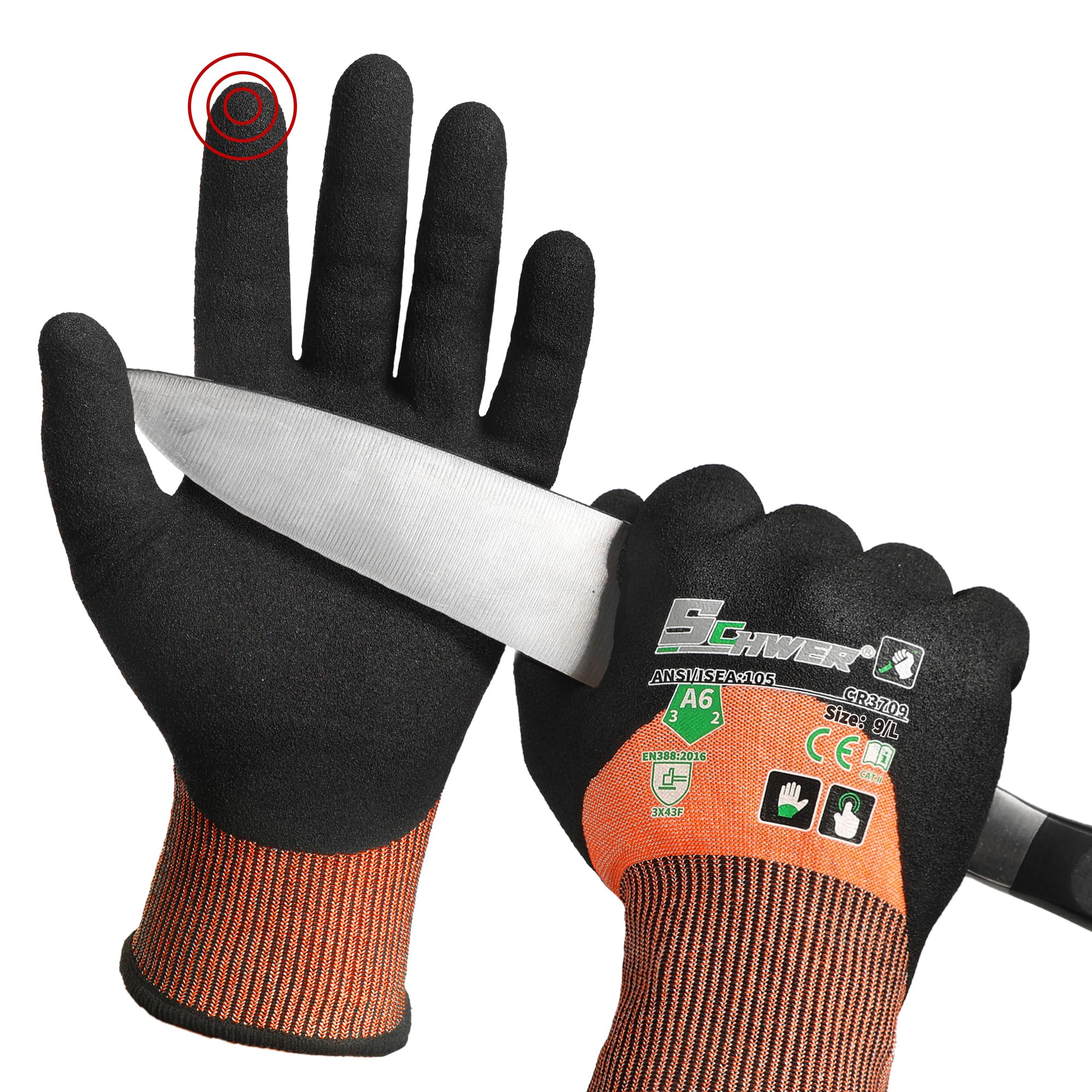 Schwer ANSI A6 Cut Resistant Gloves, CR3709 Cut Proof Work Gloves, Touch-screen Cutting Gloves, 3/4 Dipped Coating for Woodworking, Glass Metal Cutting, Construction, Fishing, L,1 pair