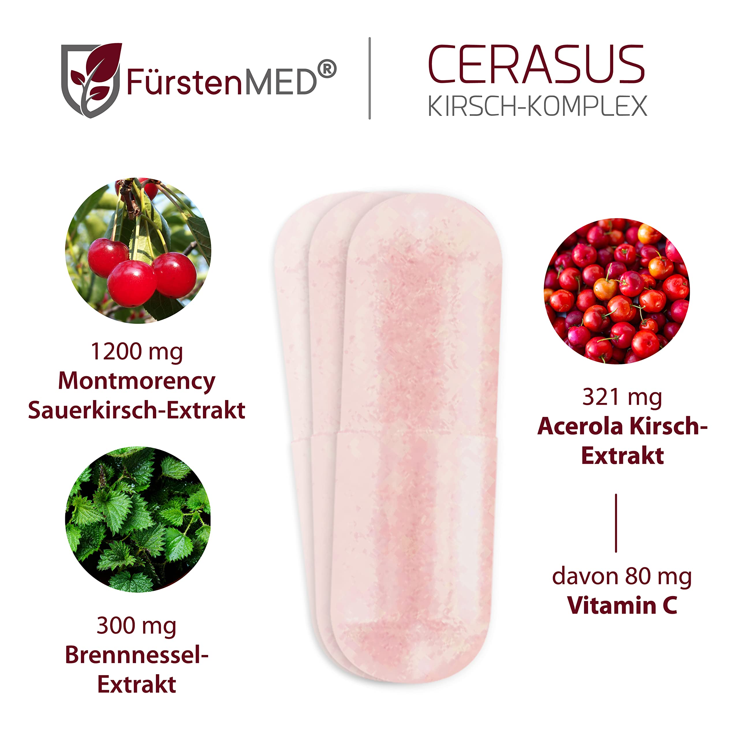 FürstenMED® 180 Montmorency Sauerkirschen Kapseln - Prunus cerasus + Vitamin C (Acerola) + Brennnessel, Montmorency Sauerkirsche - laborgeprüft und ohne unerwünschte Zusätze
