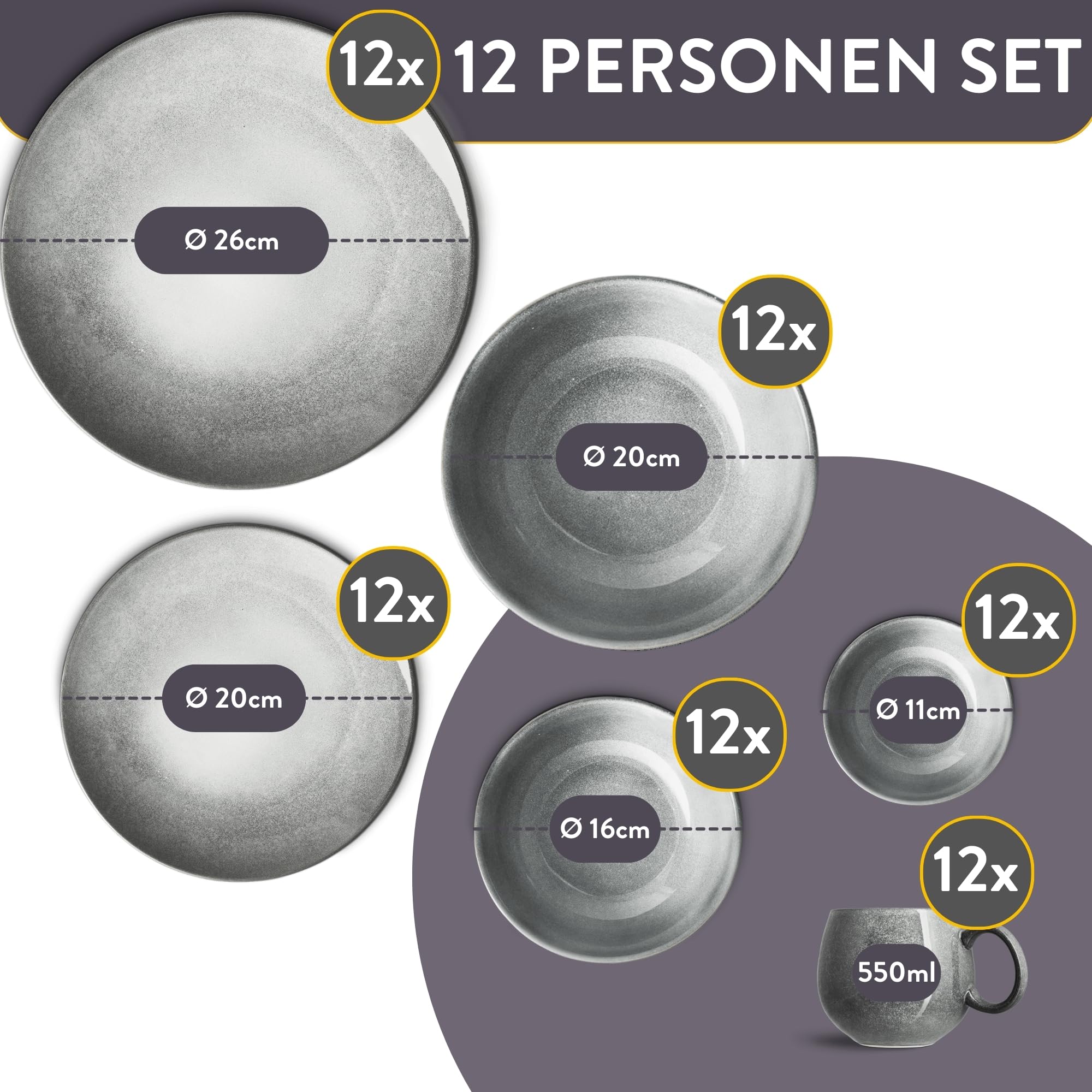 Springlane zestaw naczyń Misty Cliff 72-częściowy, serwis stołowy z kamionki dla 12 osób
