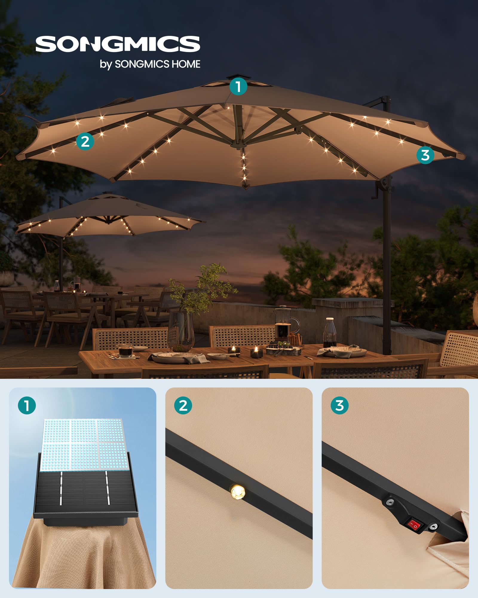 SONGMICS Parasol przeciwsłoneczny z oświetleniem solarnym LED, parasol ogrodowy, 32 diody LED, Ø 300 cm, ze stojakiem, ochrona przed promieniowaniem UV do UPF 50+, z korbą, do ogrodu, na taras