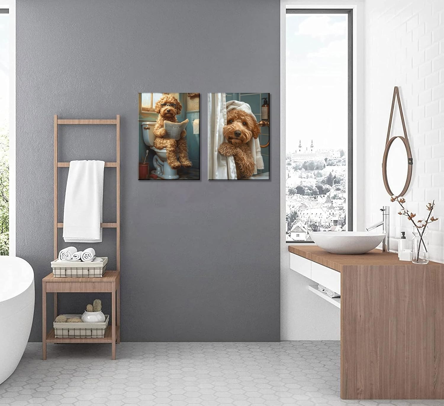 2Pcs Funny Dog Bathroom Canvas Wall Art Goldendoodle On Toilet Reading Newspaper Poster Prints Golden Poodle In The Shower Picture Humor Bathroom Animal Wall Decor for Bathroom 16x24in Framed