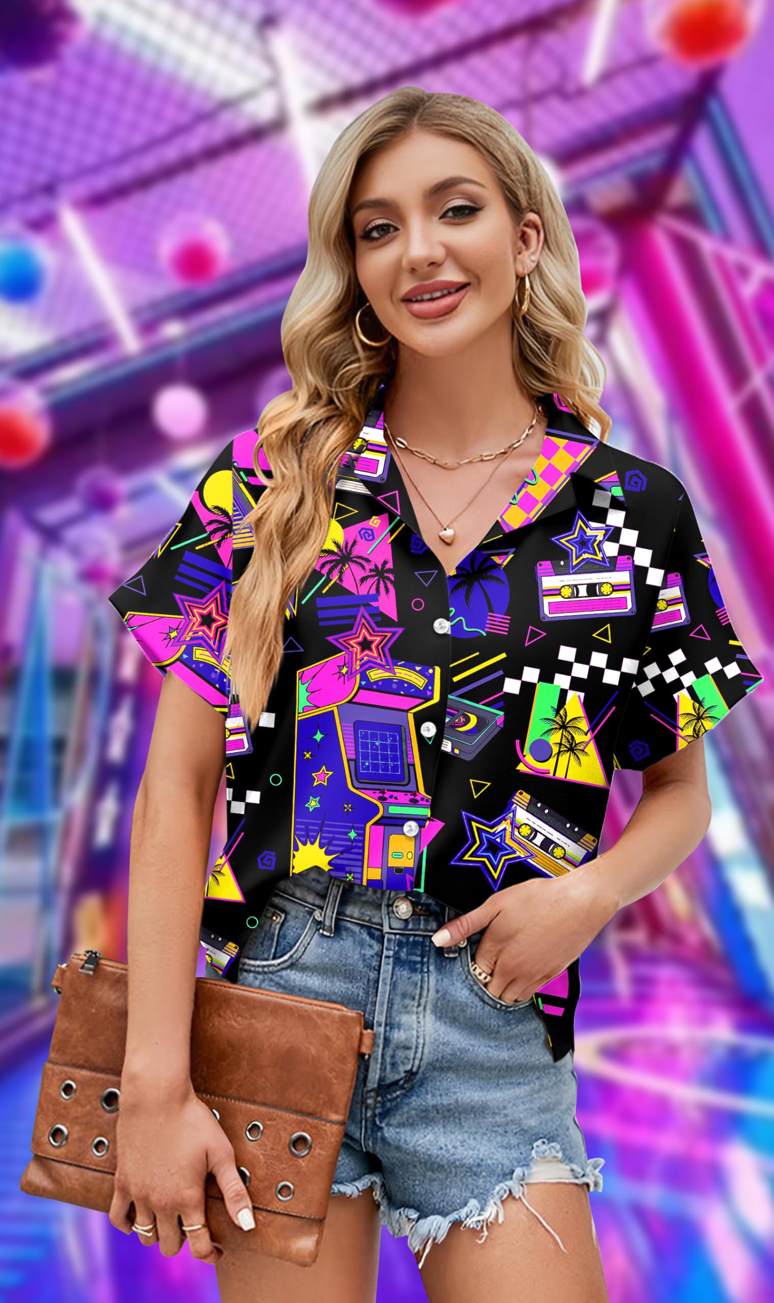VVNTY Chemise hawaïenne pour femme, années 80 et 90, boutonnée, rétro, été, fête, chemisier à manches courtes