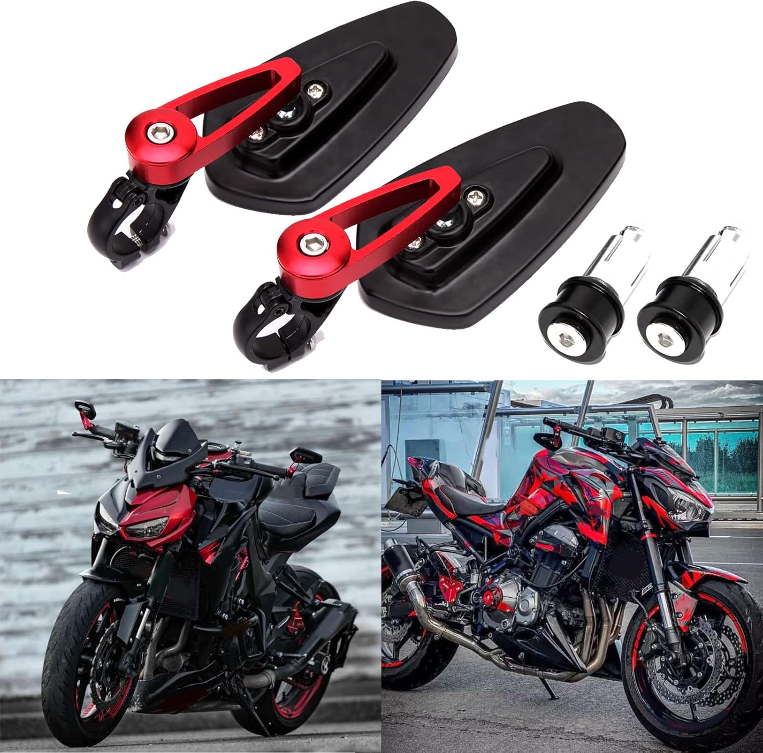 Universal Red Motorcycle Billet Aluminum 7/8" 22 Bar End Side Rear View Mirrors Compatible with Kawasaki Z900 Z1000 Honda Grom Suzuki GSXR