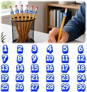 Numbered Pencil Toppers for Classroom, Reusable Labels and Tracking Markers, Teacher Supply Station Accessories (Blue, Number 1-30)