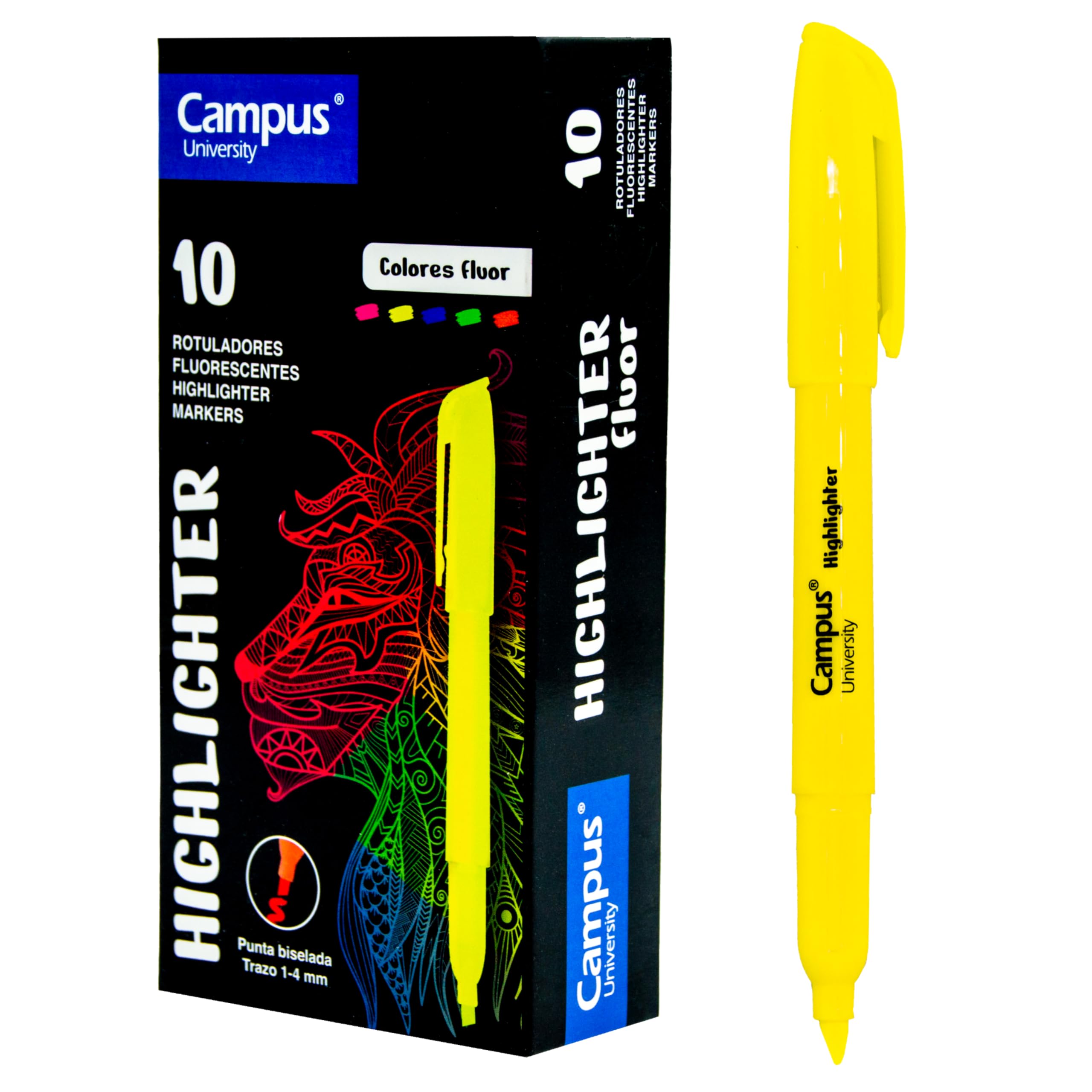 Campus – Subrayadores Fluorescentes, Lápiz marcador con Punta Biselada, Pack de 10 Highlighter Pen de Base al Agua, Rotuladores Resaltadores de Color Neón (Amarillo)