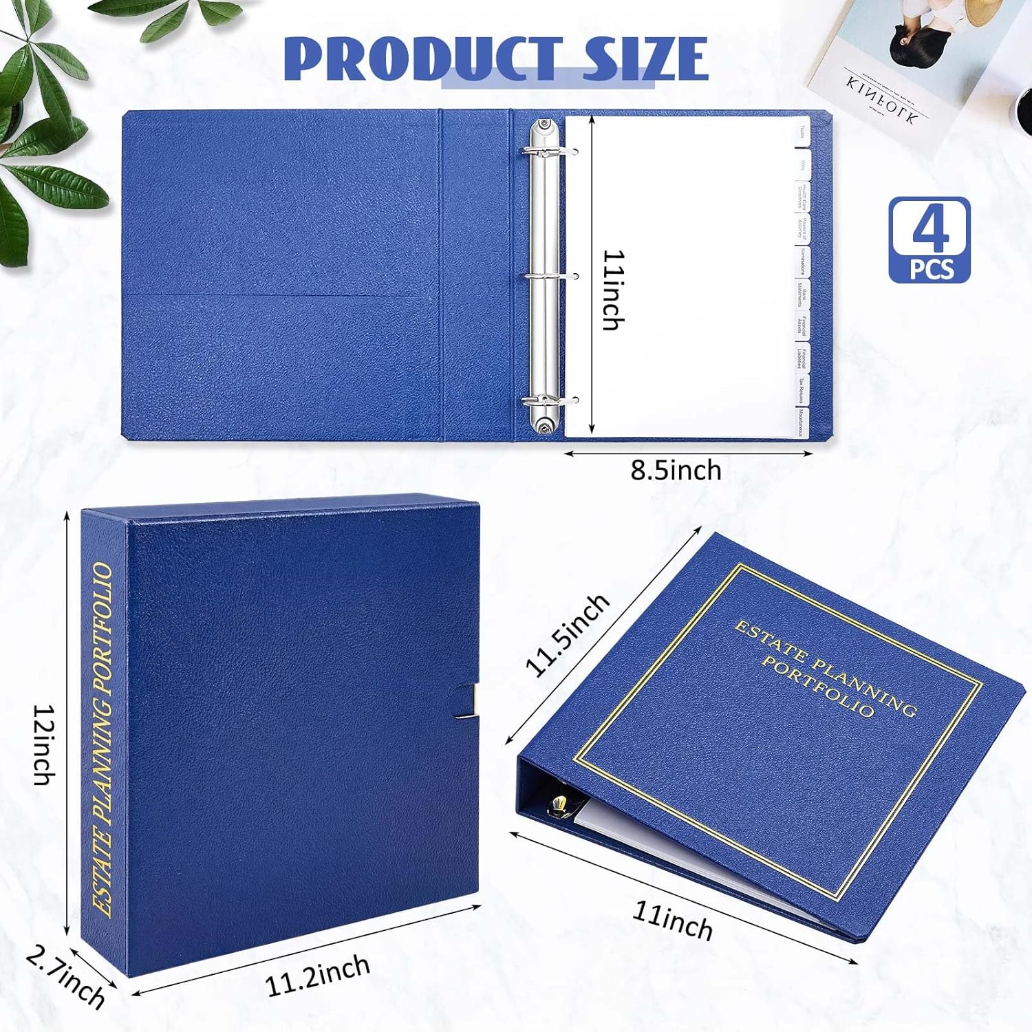 Feifeiya 4 Pcs Blue Estate Planning Portfolio Binders with Gold Title in Case I Die Organizer with Index Tabs and Cardboard Slipcase 3 Ring Binders 11.5 x 11 x 2.5 Inches