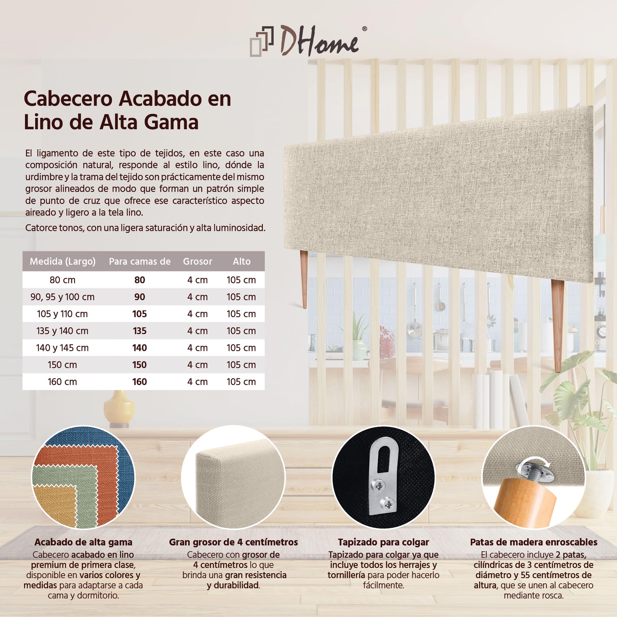 DHOME Cabecero de Lino Natural Liso Cabezal Tapizado Cama Dormitorio Moderno Top Trending (Lino Natural, 160x105cm con Patas (Camas 150/160))