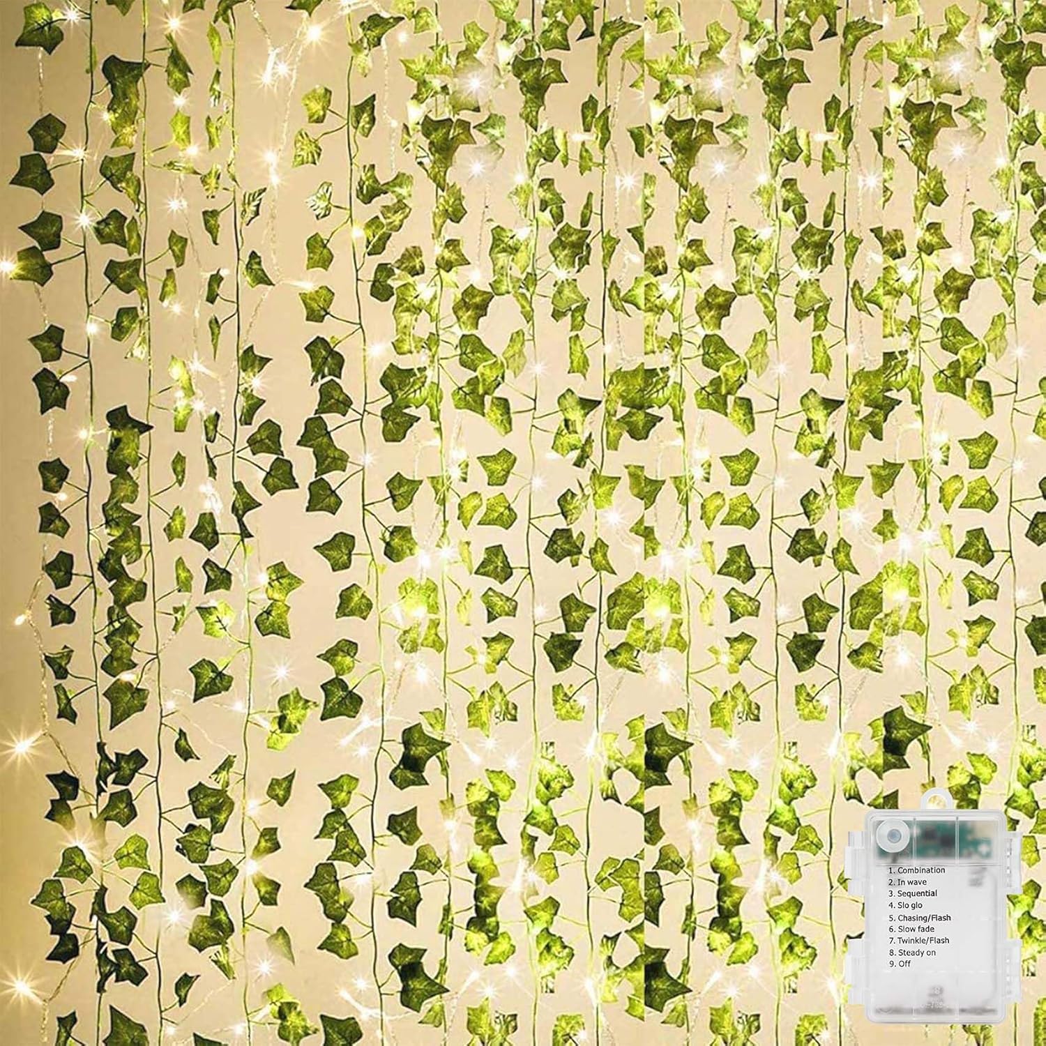 KASZOO 84Ft 12 Pack Artificial Ivy Garland Fake Plants, Vine Hanging Garland with 80 LED String Light, Hanging for Home Kitchen Garden Office Wedding Wall Decor, Green