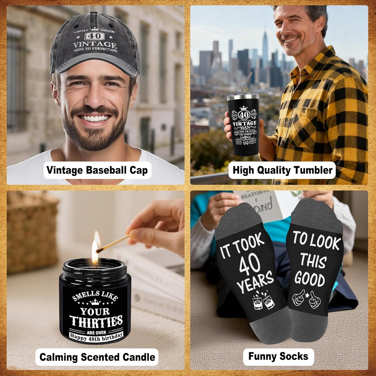 40th Birthday Gifts for Men - Unique Birthday Box with 20 Oz Tumbler, Baseball Cap, Socks, Bracelets, Scented Candle, Happy 40th Birthday Decorations for Husband, Dad, Friends, Boss - Image 4