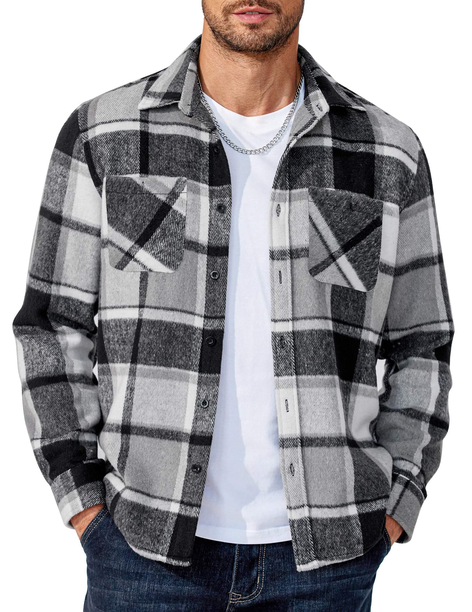 COOFANDY Mens Flannel Shirts Long Sleeve Casual Cotton Plaid Button Down Shirt Jacket with Pockets