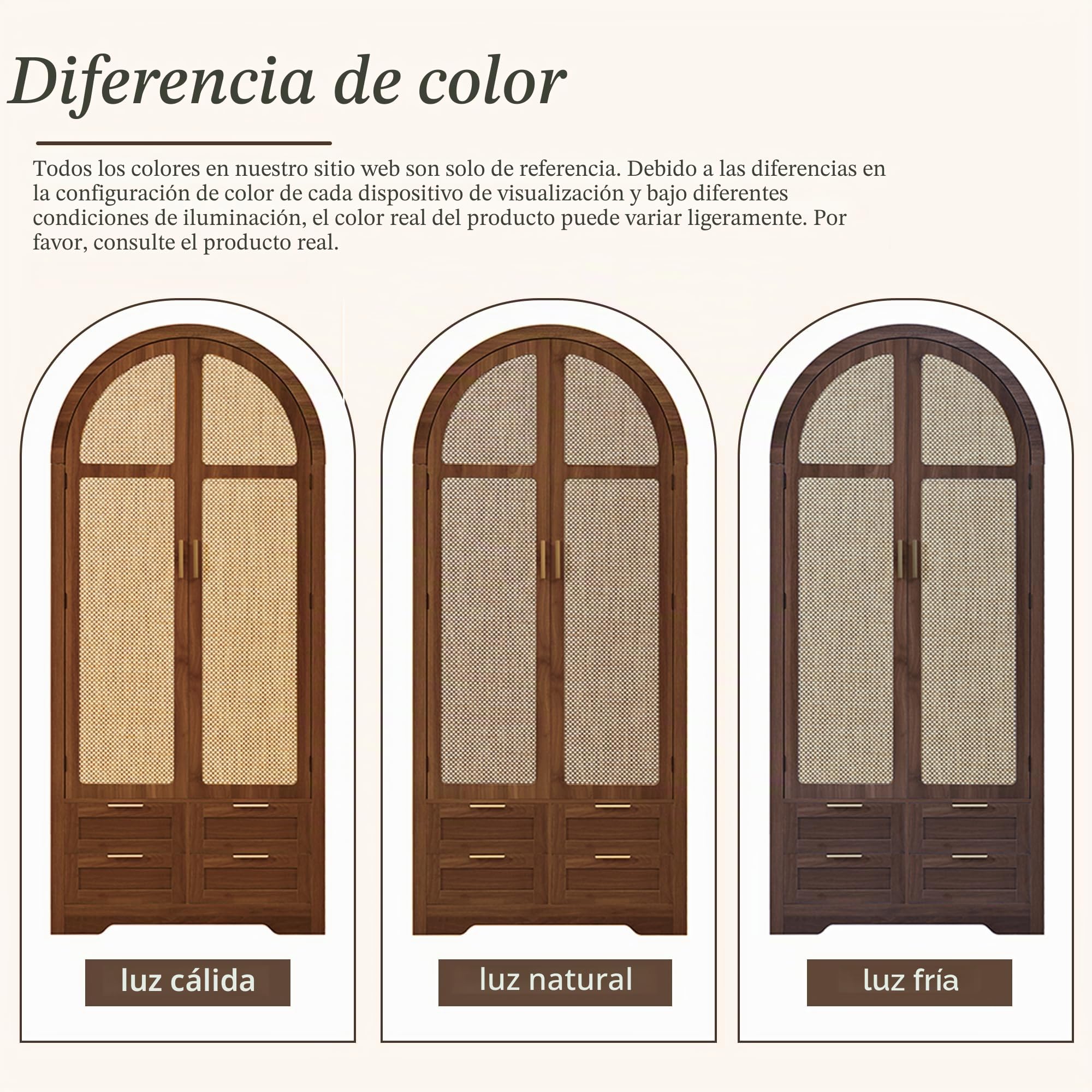 Azkoeesy Armario moderno con forma de arco, puertas con aspecto de ratán, 4 cajones, tiradores dorados, 80x50x179 cm, para dormitorio y pasillo (Nogal)