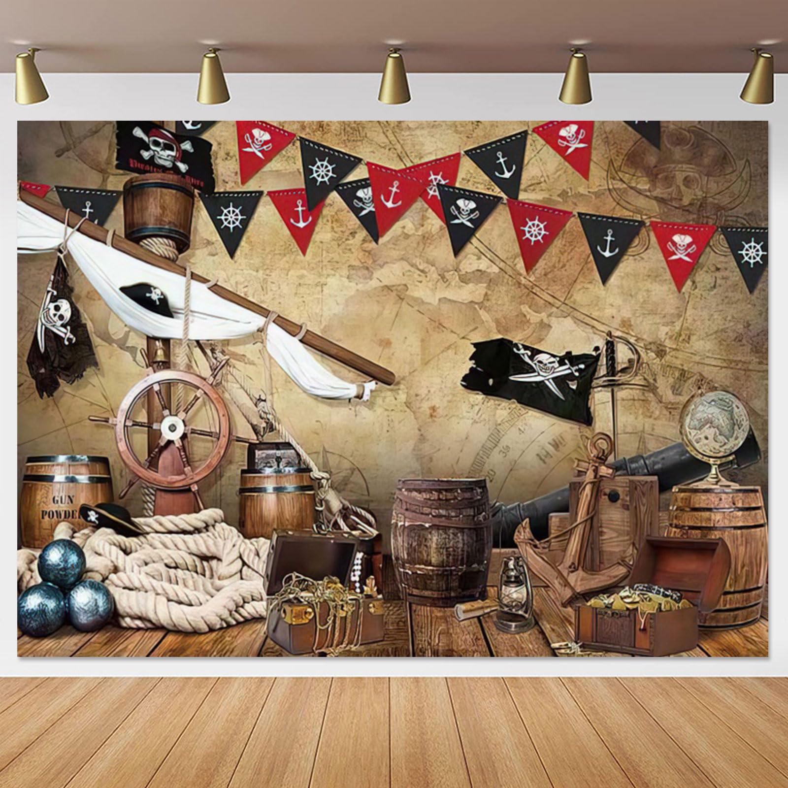 Yeele 6x4ft Pirate Party Backdrop Banner Pirate Flag Treasure Map Vintage Pirate Ship Photography Background Treasure Hunt Boy Birthday Party Decor