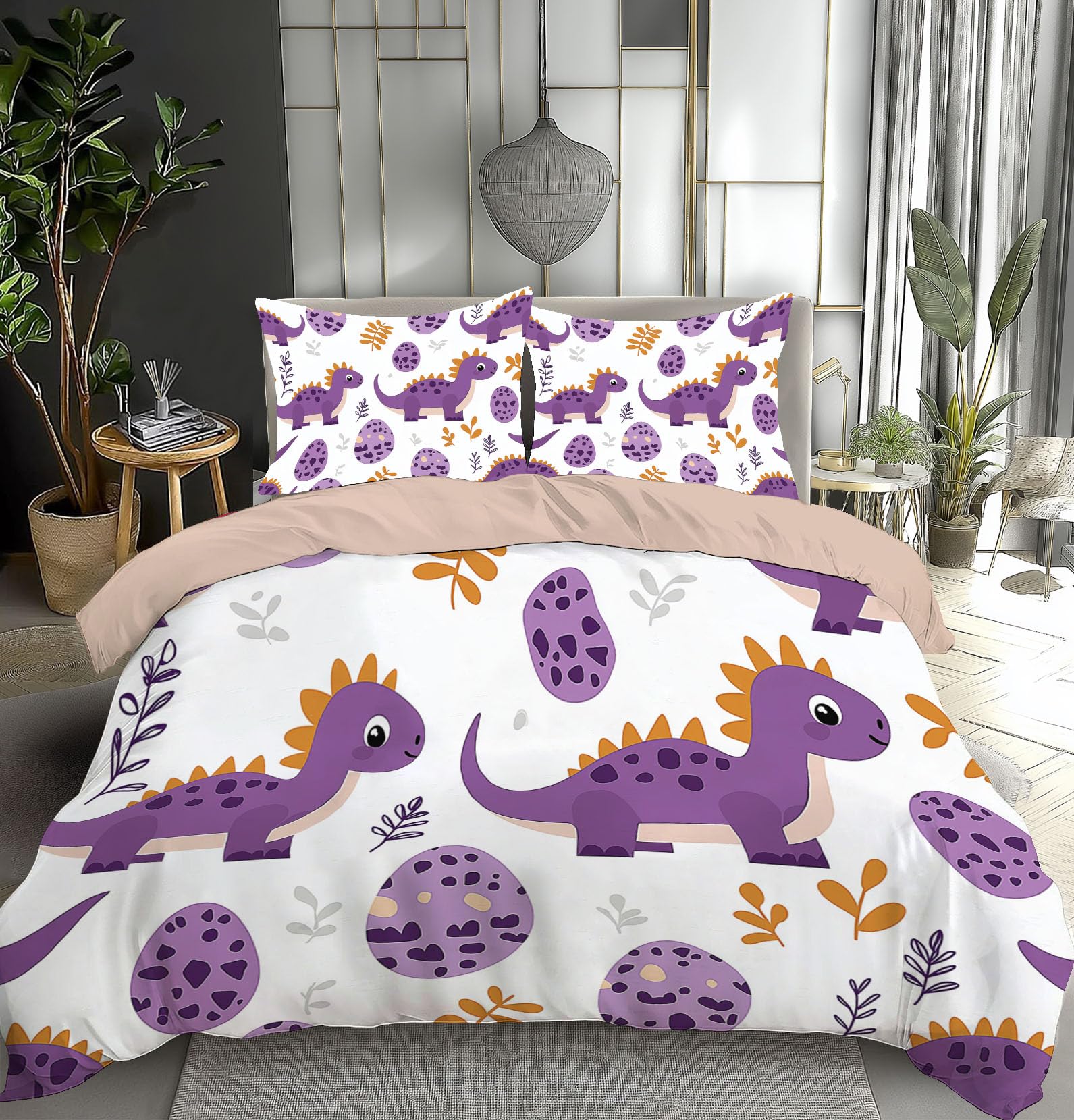 Parure de lit dinosaure blanc 240x260 cm en microfibre douce avec housse et taies