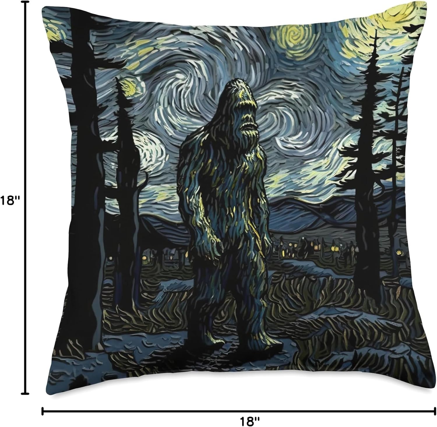 Bigfoot Starry Night Sasquatch Van Gogh Sky Painting Art Throw Pillow