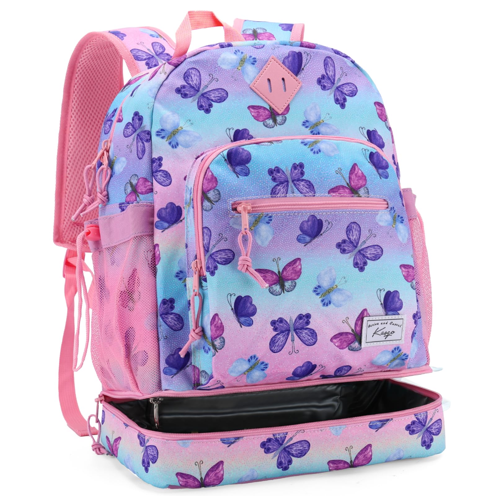 Kasqo Kids Backpack Lunch Bag,2-in-1 Insulated 16” Lunch Backpack for 6-10 Year Child Boys Girls Schoolbag Bookbag for Elementary Purple Butterfly