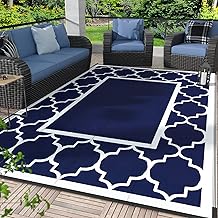 GENIMO 5' x 8' Outdoor Rug Waterproof for Patio Fall Decor, Foldable Reversible Plastic Straw Area Rugs Mat for Camper, Outside Carpet for Rv, Deck, Porch, Picnic, Beach, Balcony, Blue & White