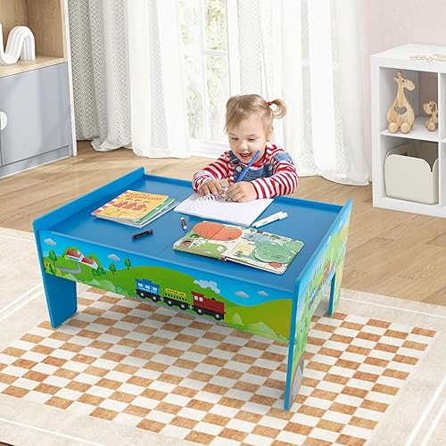 Miniatura 8 de Costzon Mesa de tren, 80 piezas, mesa de actividades de madera para niños con mesa reversible y desmontable, pistas de madera maciza, tren,