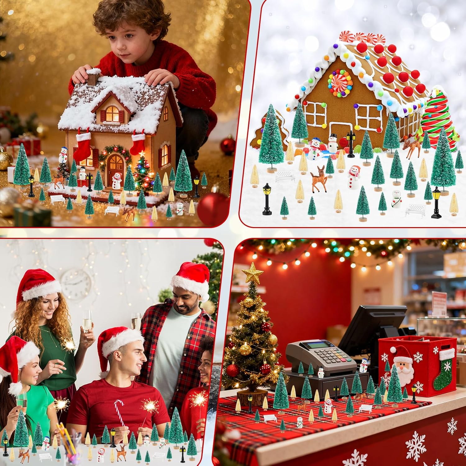 PLULON 33Pcs Christmas Village Accessories for Crafts Mini Christmas Trees Xmas Figurines Ornaments Bottle Brush Trees Snowman Deer Micro Landscape for Winter Holiday Home Party Decorations - Image 2