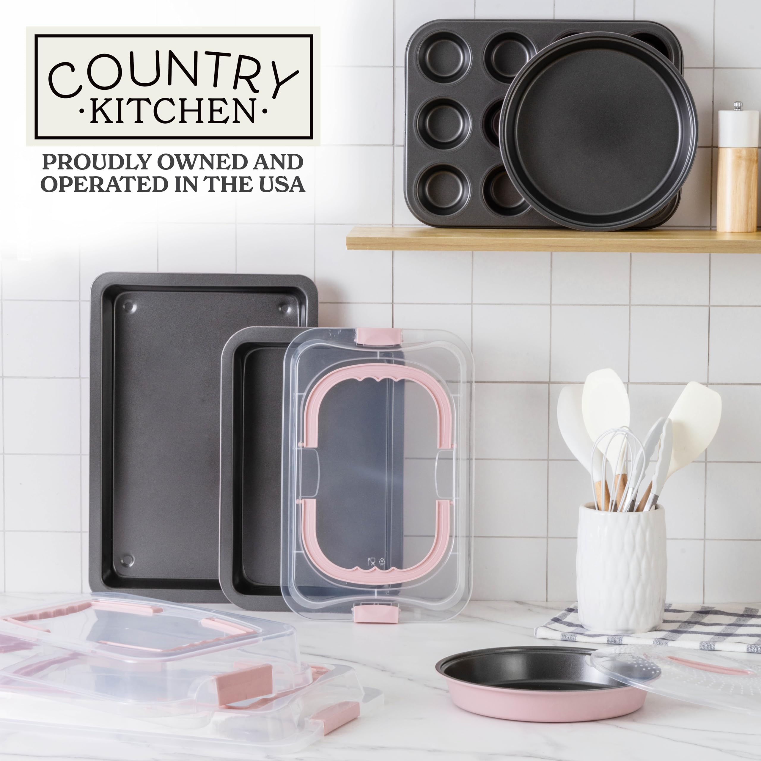 Country Kitchen Juego de 10 moldes antiadherentes para hornear con tapas de transporte para un fácil almacenamiento y viajes, perfectos para fiestas, apilables, color rosa