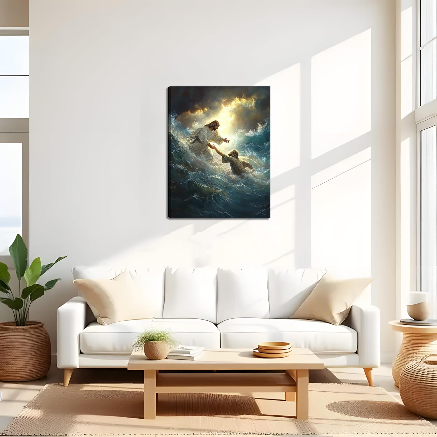 KFYMP Jesus Wall Art – Jesus Rescuing Peter – Christian Canvas Print – Faith-Based Home Decor – 24x36 Inch