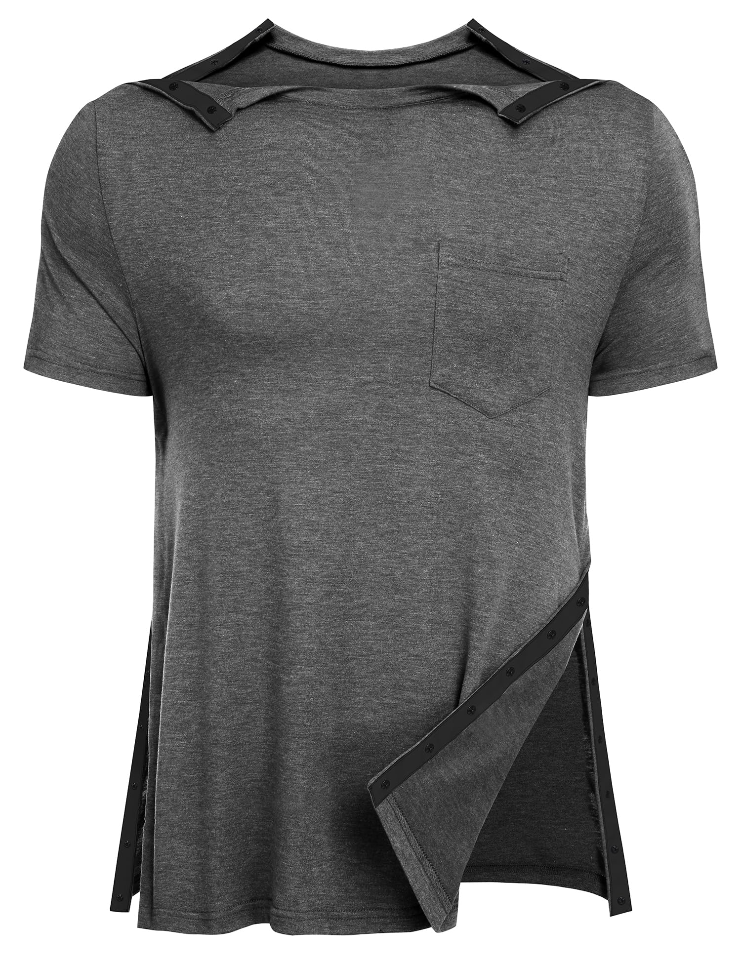 URRU Men's Post Shoulder Surgery Shirts Recovery Full Tear Away Short Sleeve Snap Chemo Shirts for Port Access