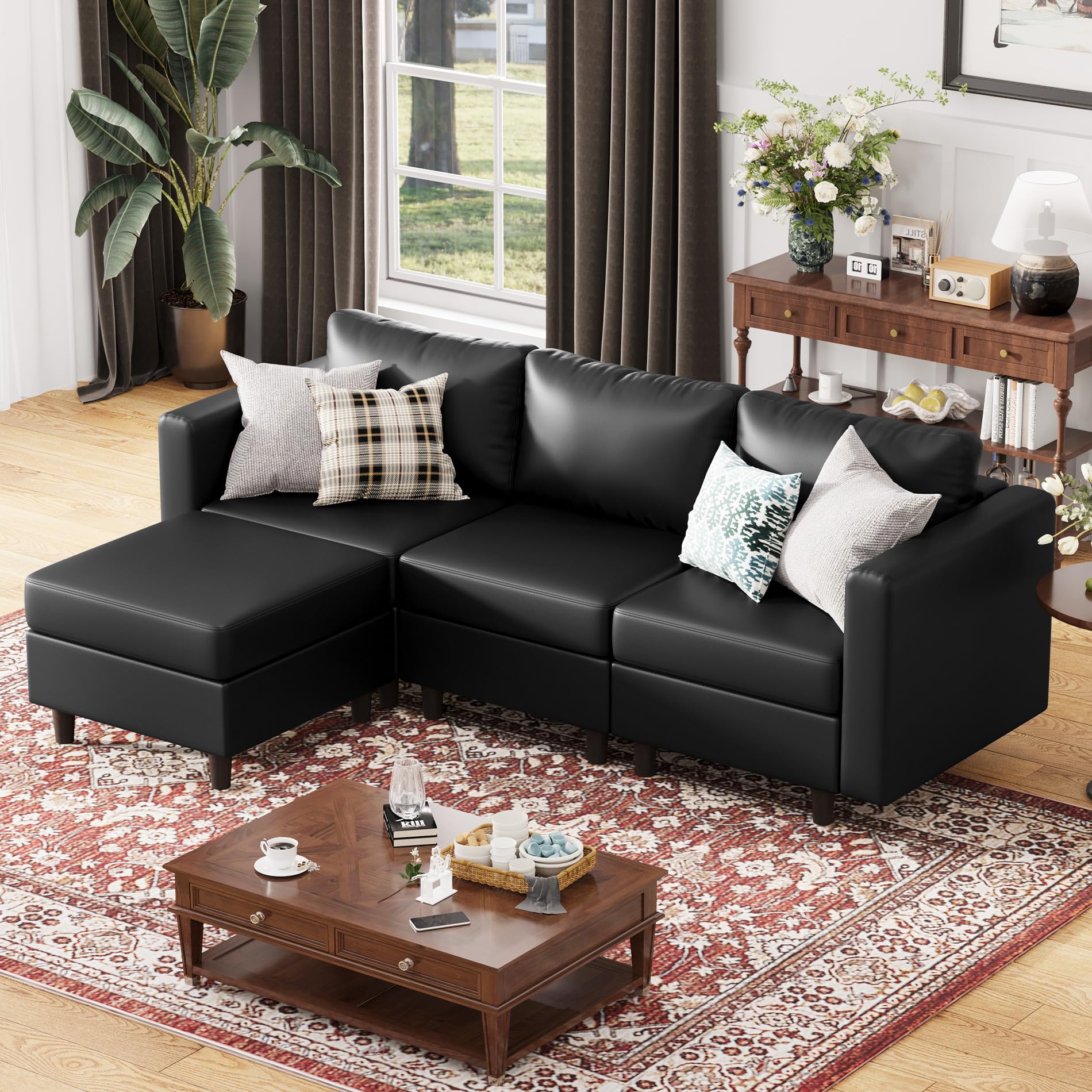 ABCASA 91.5" Faux Leather Modular Sectional Sofa, L Shaped Couch Set for Living Room, 3-Seater Comfy Cloud Couches with Movable Storage Ottoman,DIY