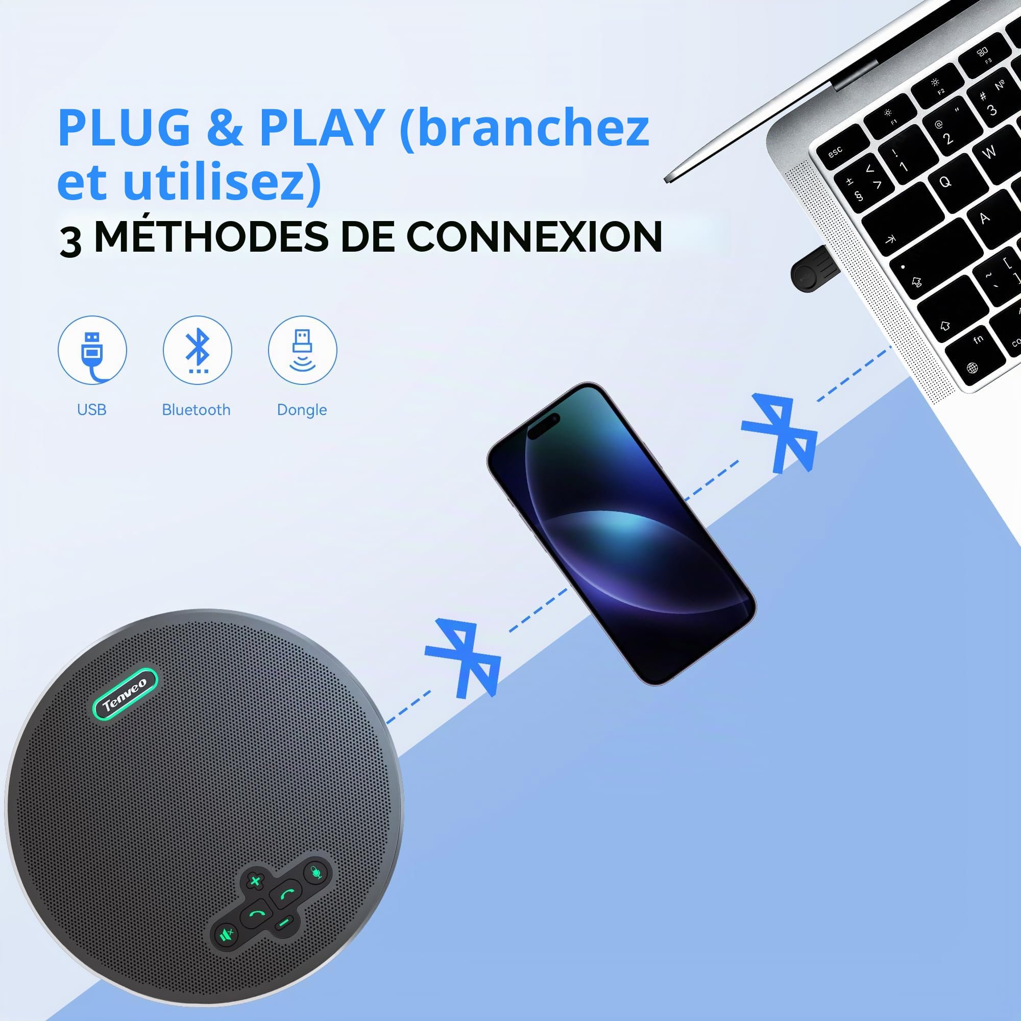 Tenveo Haut-Parleur de Conférence Bluetooth sans Fil, 8 Micros Omnidirectionnels 360°, Portée 6m, 18H Autonomie, Microphone de Réunion USB pour 15 Personnes, Compatible Zoom/Teams/PC