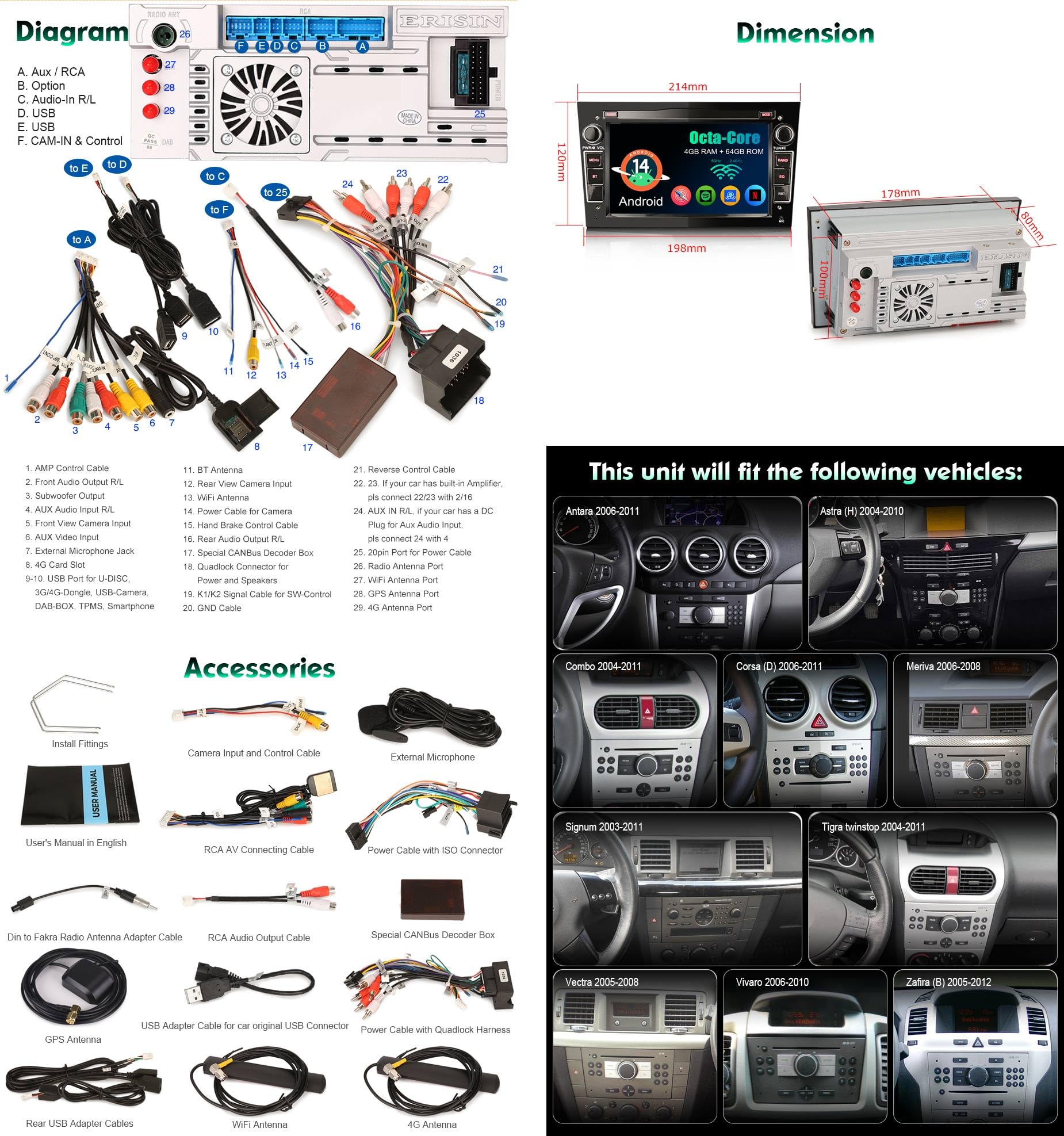 Erisin Radio samochodowe z systemem Android 14, Bluetooth GPS, nawigacja do Opel Antara, Astra Corsa C/D, Vectra Meriva, Signum, Vivaro, Zafira, Combo 7 cali, IPS Wireless CarPlay Android Auto DAB+