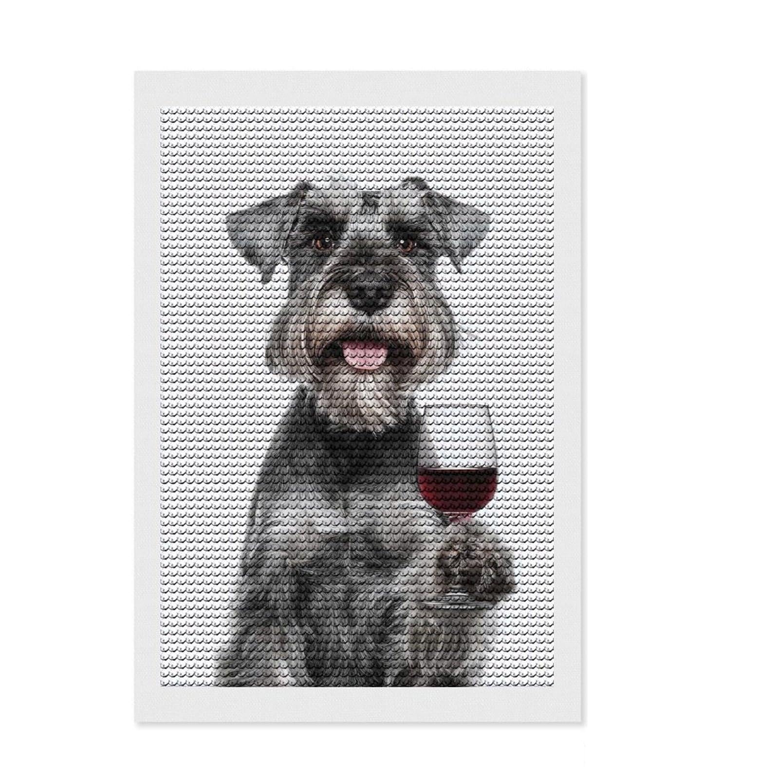 Junmoney Standard Schnauzer with Wine Glass Portrait Diamond Art Canvas 8"x12", Birthday Gift, for Adults, Creative Leisure Activity, Aesthetic Room Decor