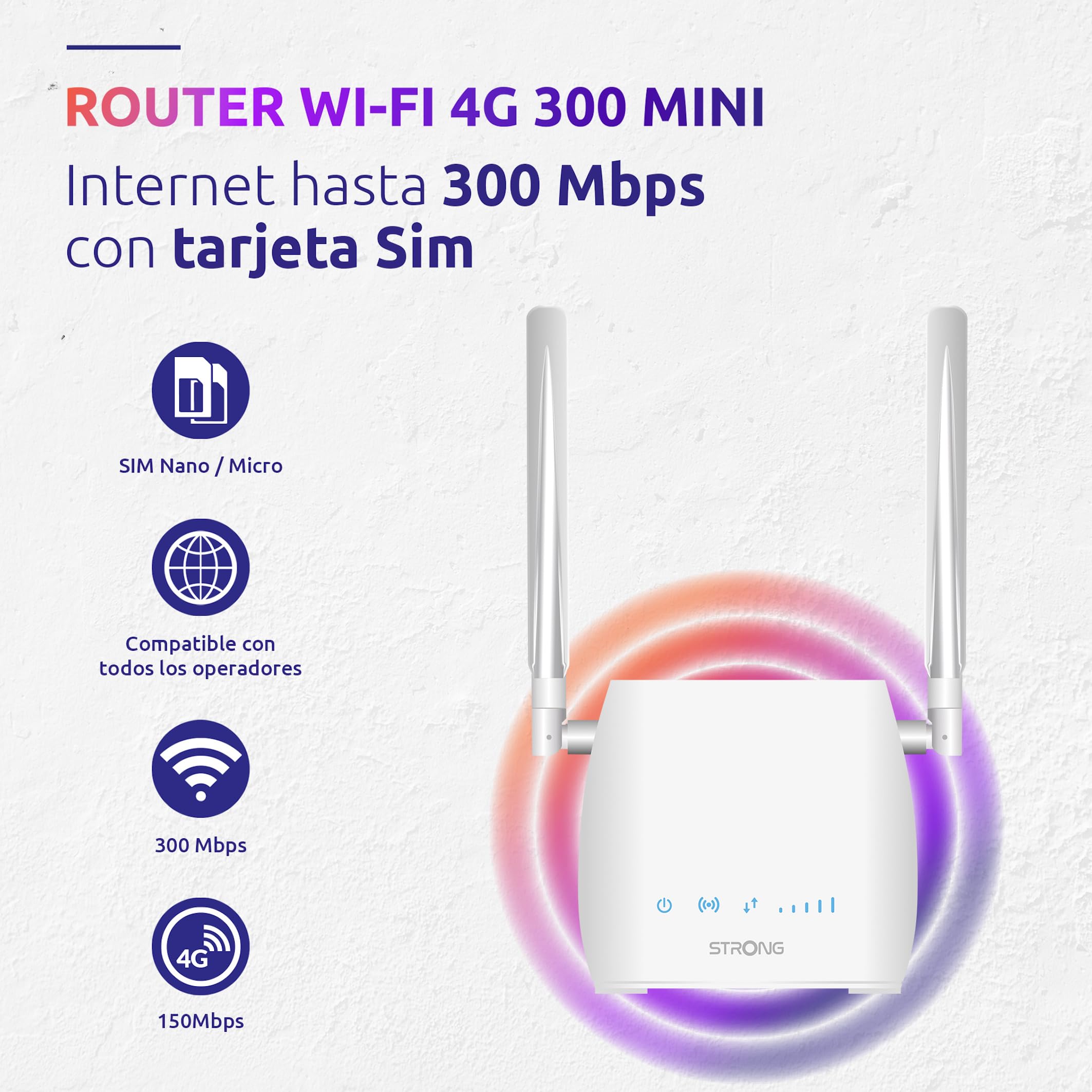 STRONG Router WiFi 4G LTE 300M 150 Mbps 300 Mbps Puerto RJ45 Antenas Desmontables Blanco