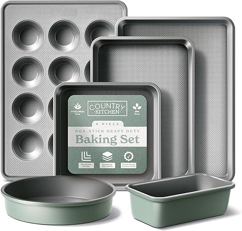 Country Kitchen Juego de utensilios para hornear apilables antiadherentes, duradero, juego de hornear de fácil liberación, salvia, 6 piezas