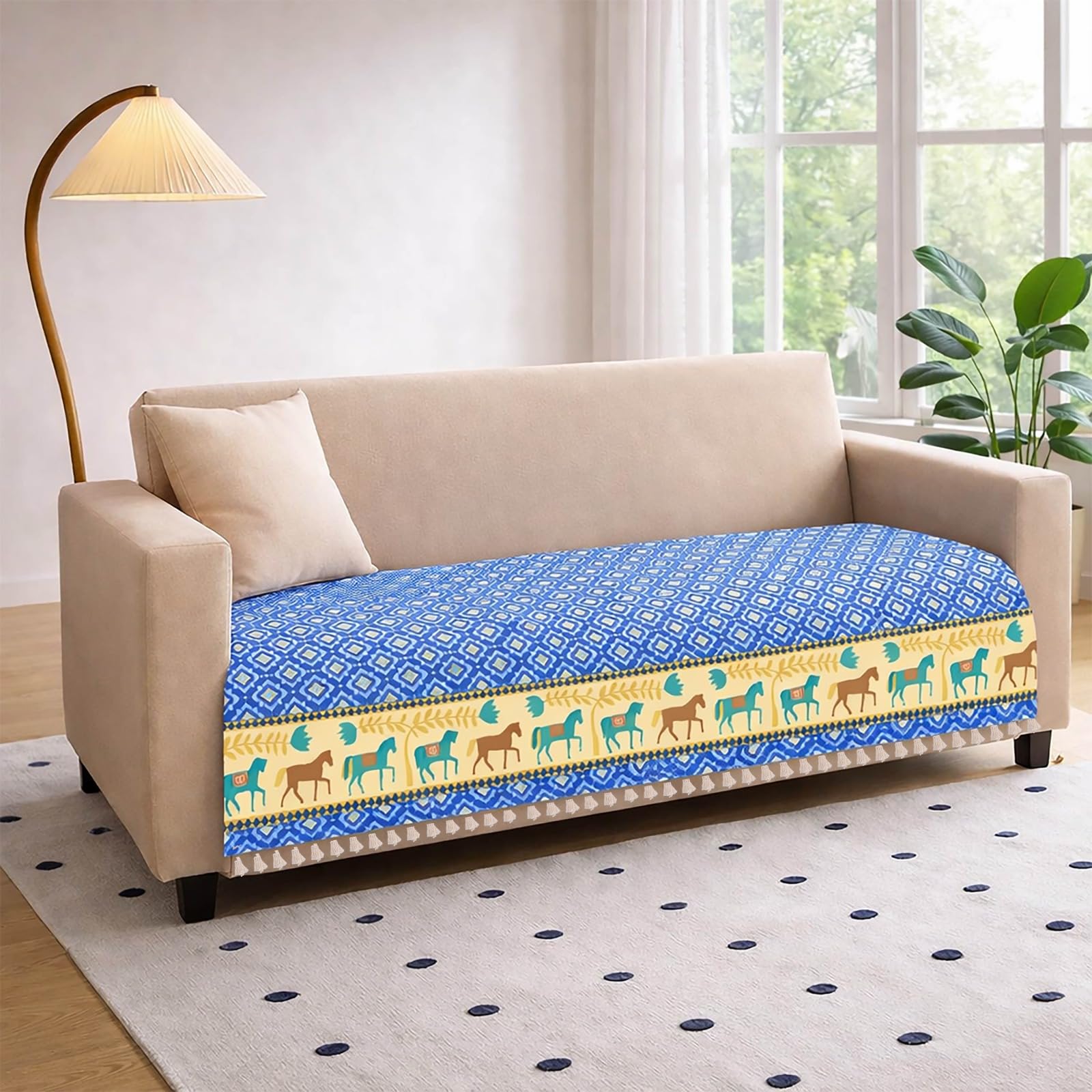 Roseate Quilted Velvet Sofa Cover (3 Seater) Sofa Protector for Living Room/Bedroom interiors (Blue/Harley) with Tassels-image-21