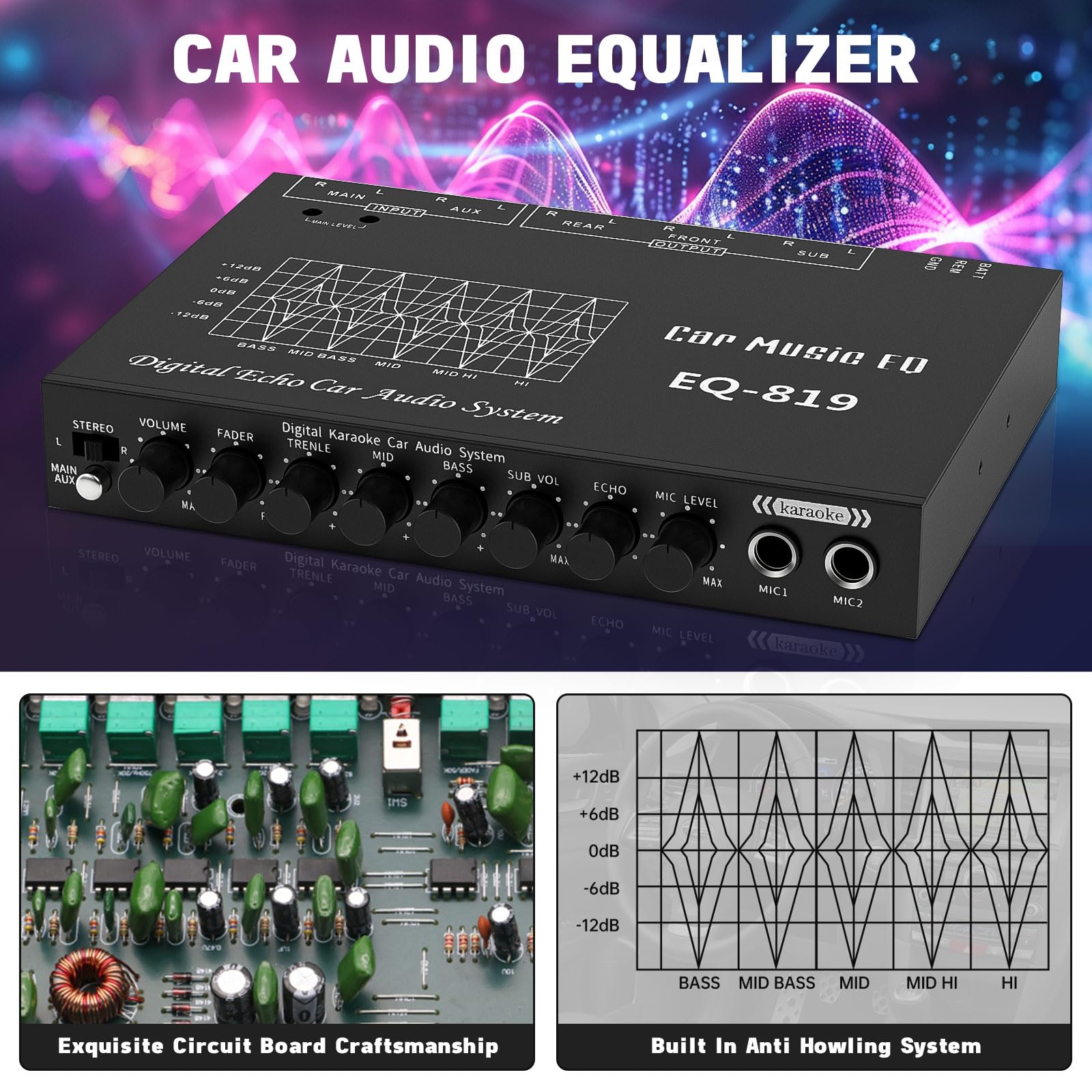 EQ-819 Equalizzatore audio per auto, equalizzatore audio per auto, equalizzatore per auto, con funzione karaoke, ingresso microfono, equalizzatore digitale per auto, equalizzatori con