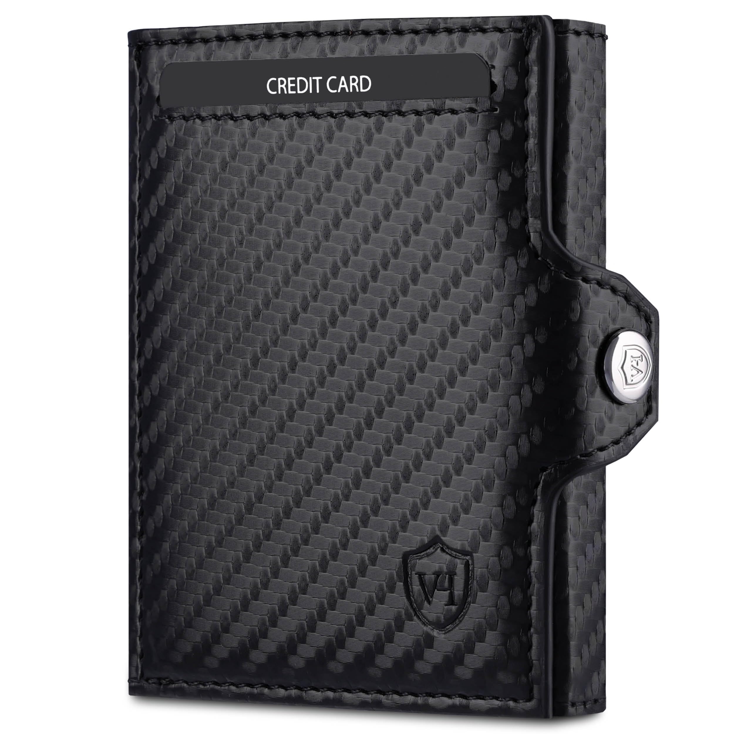 VON HEESEN Slim Wallet mit XXL Münzfach & RFID-Schutz - Leder Geldbeutel - Mini Geldbörse für Herren und Damen - Kartenetui Echtleder Karten Portemonnaie klein - Kreditkartenetui Carbon-Schwarz