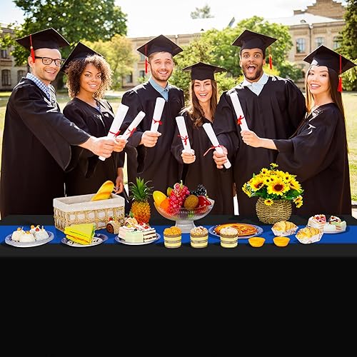 Miniatura 6 de Juego de 12 manteles de satén de 12 x 108 pulgadas y manteles de plástico de 54 x 108 pulgadas, manteles rectangulares desechables en negro y azul