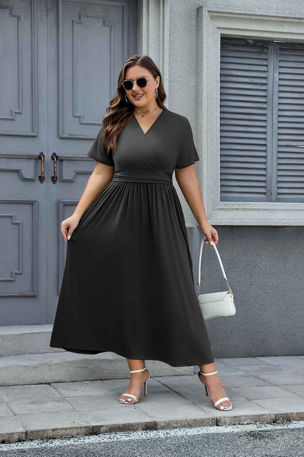 Plus Size Maxi Dresses for Curvy Women Short Sleeve Wrap V-Neck Summer Dress with Pockets - Image 2